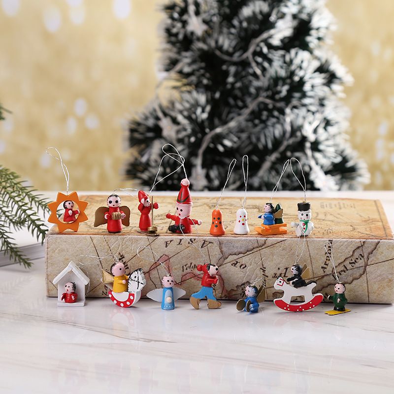 48 PCS Mini Wooden Christmas Tree Ornaments Set Tiny Hanging Vintage Miniature view 3