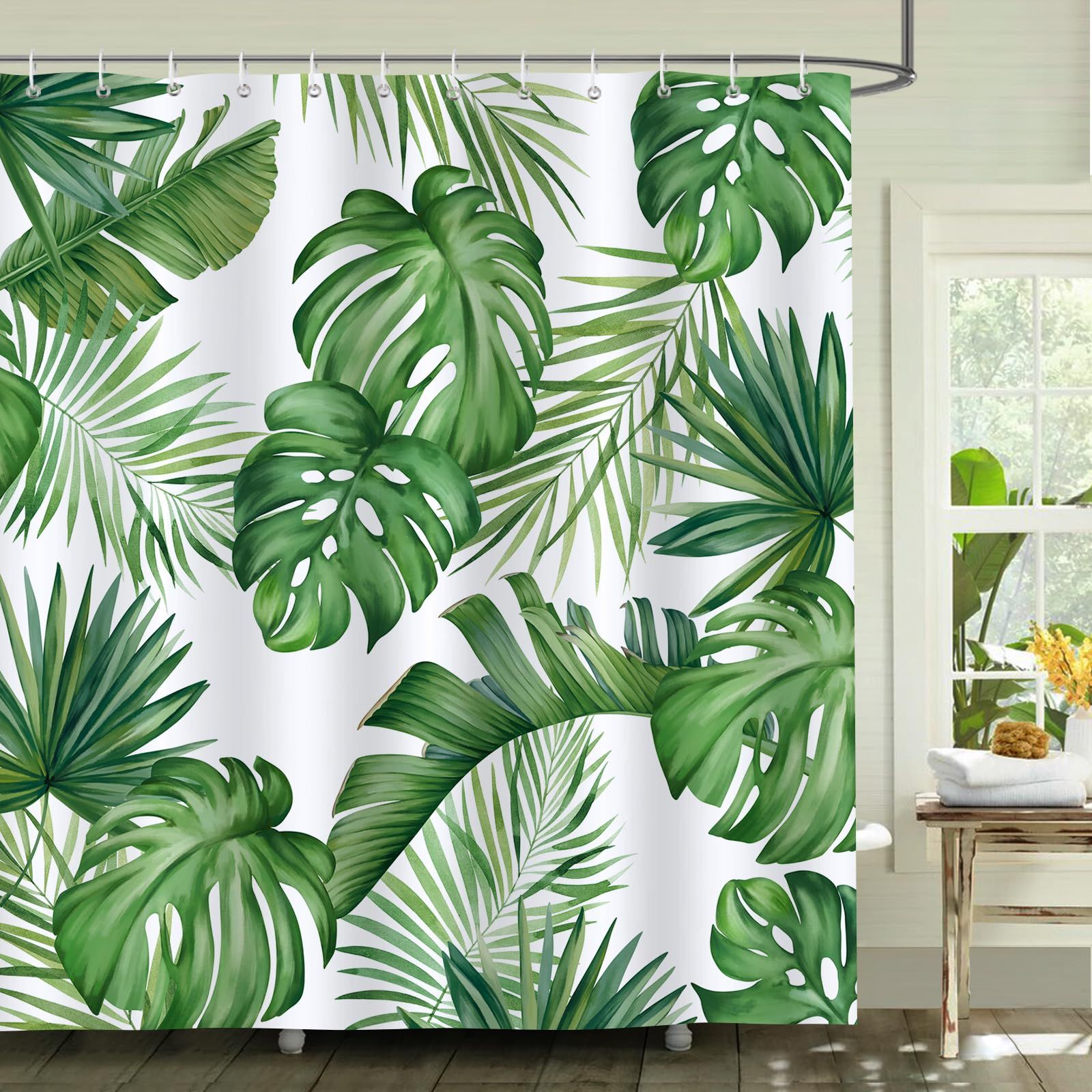 Tropical Leaves Shower Curtain Green Palm Leaf Decorative Bath Curtain view 2
