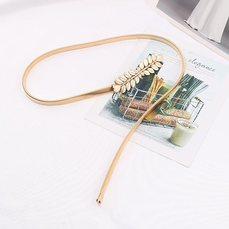 Waist Belt Gold Skinny Metal Waist Chain Elastic Dress Belt Leaves Waistband view 2