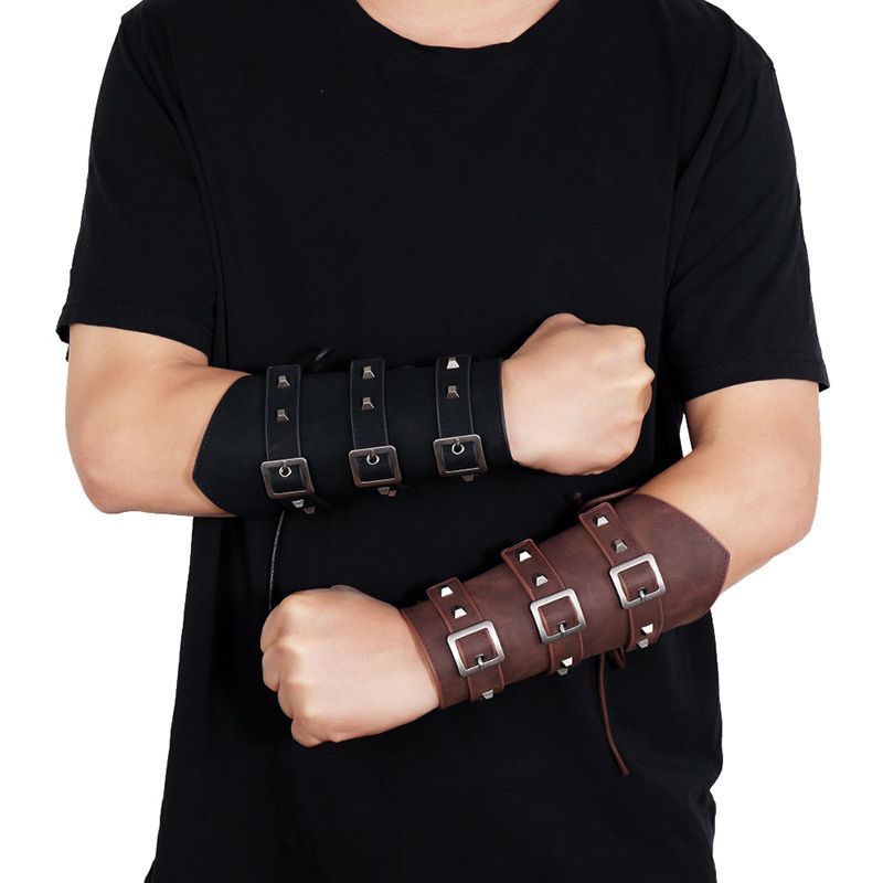 Men Leather Arm Guard Punk Rivet Wristband Gauntlet Buckle Bracer Adjustable view 4