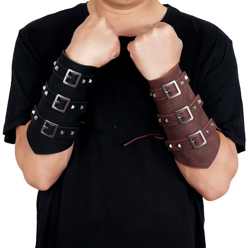 Men Leather Arm Guard Punk Rivet Wristband Gauntlet Buckle Bracer Adjustable view 5