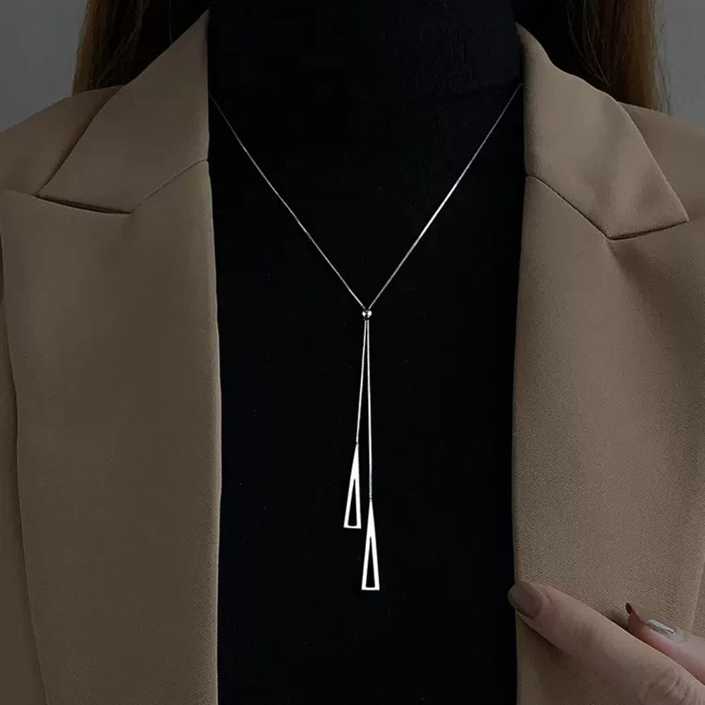 Vintage Hollow Triangle Necklace Silver Necklace Geometric Y Drop Necklace view 2