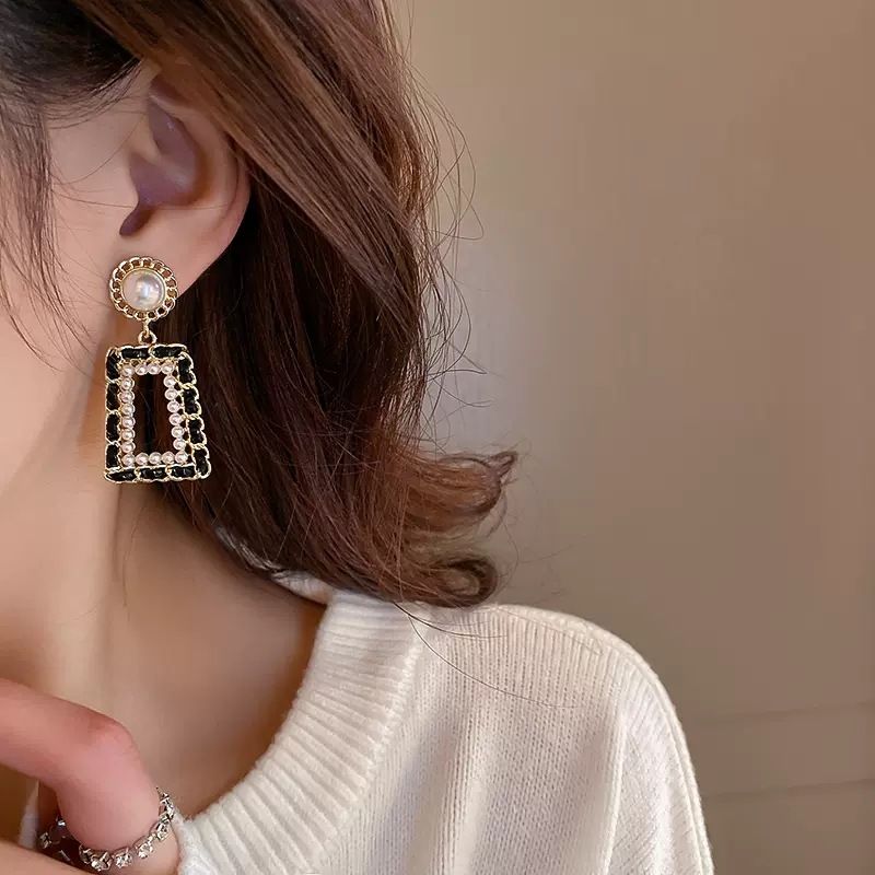 Gold Black Geometric Dangle Earrings - Pearl Heart Cubic Zirconia Statement view 2