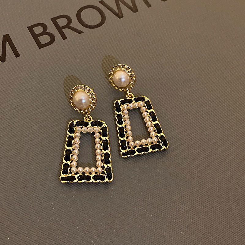 Gold Black Geometric Dangle Earrings - Pearl Heart Cubic Zirconia Statement view 3