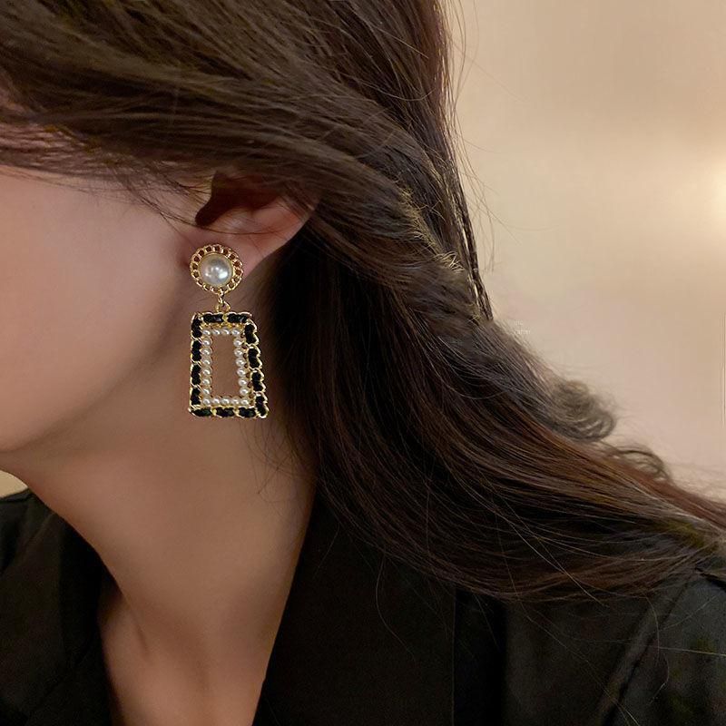 Gold Black Geometric Dangle Earrings - Pearl Heart Cubic Zirconia Statement view 4