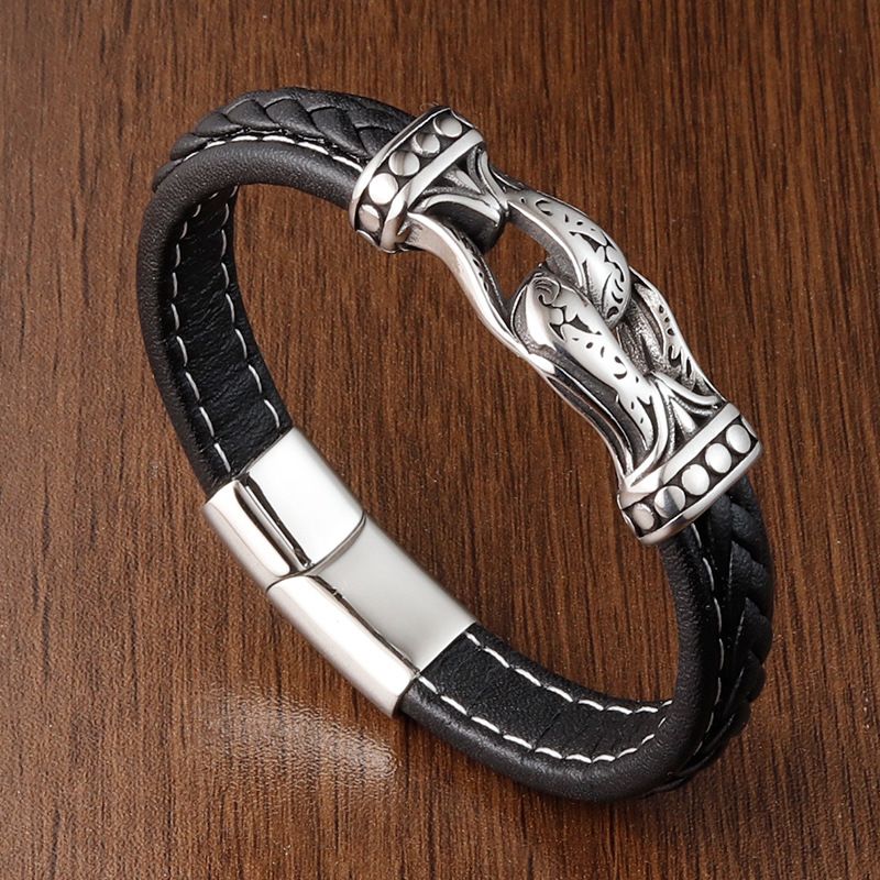 Bracelet with Buckle and Multiple Layers of Woven Leather for Men Titanium — image 1