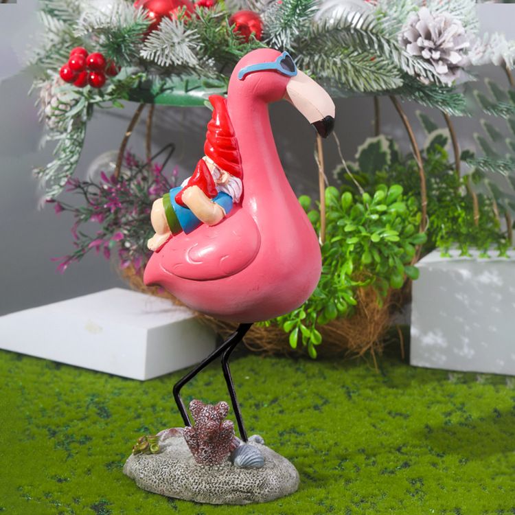 Garden Gnome Statue Outdoor Fun Garden Gnome Riding Flamingo Lawn Patio Artist view 3