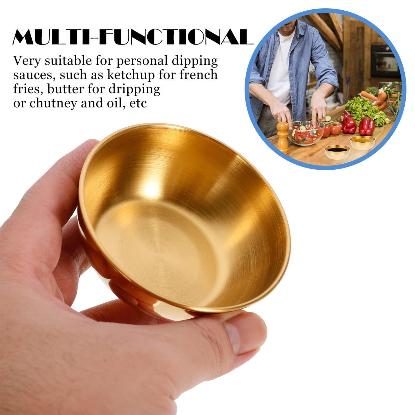 2PCS，Sauce Dishes Golden Stainless Steel Mini Bowls Metal Dish Sauce Plates view 3