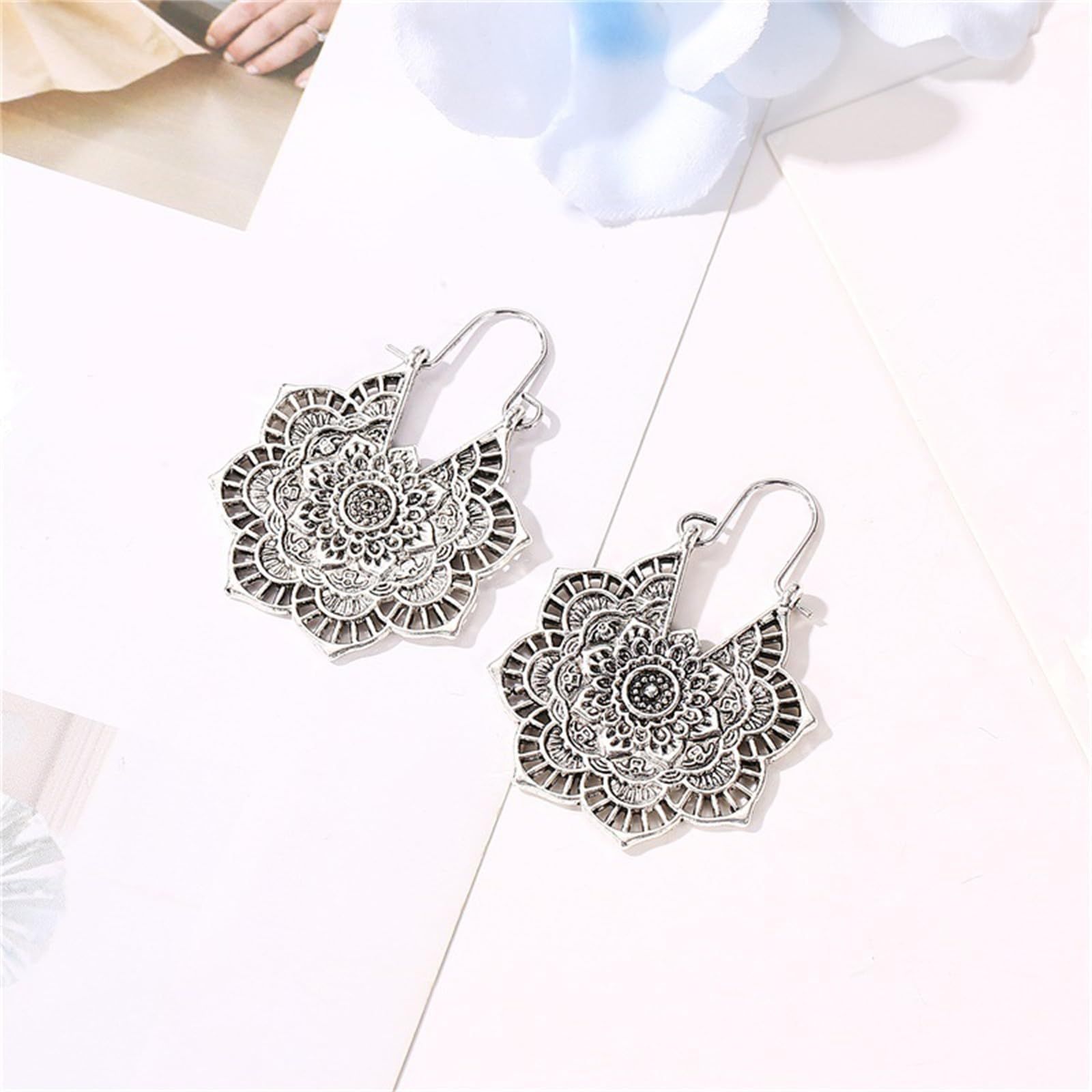 Vintage Mandala Flower Drop Dangle Earrings for Women Girl Tribal Hollow view 3