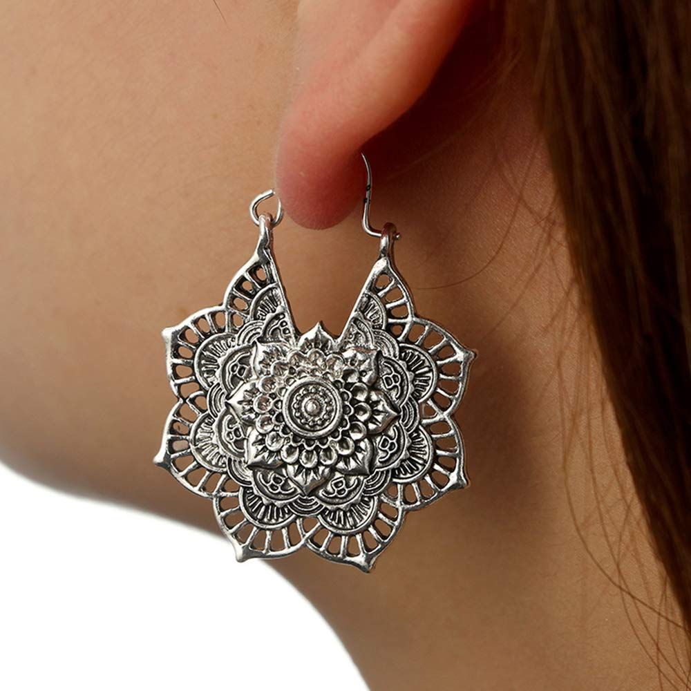 Vintage Mandala Flower Drop Dangle Earrings for Women Girl Tribal Hollow view 4