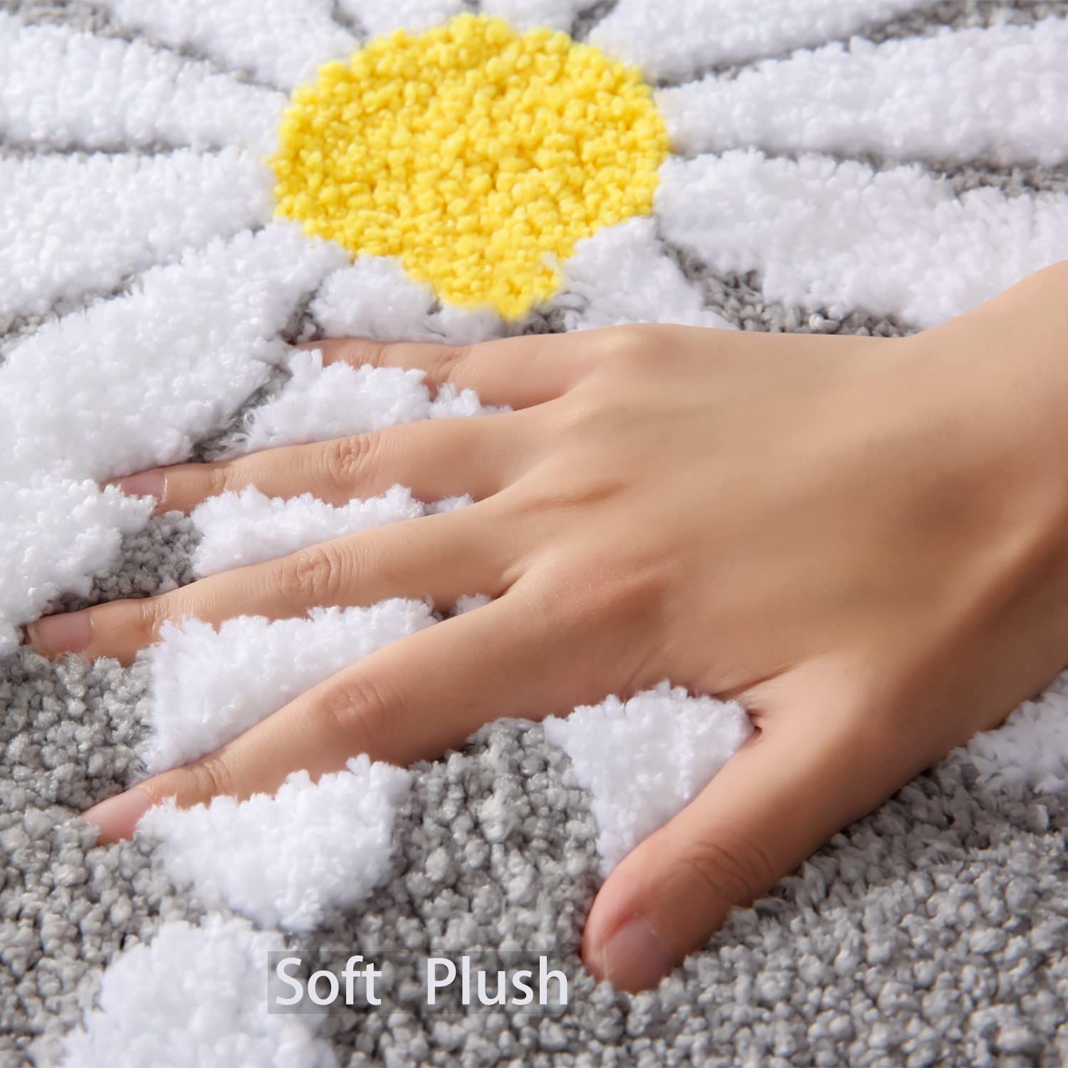 Grey bathroom carpet, cute daisy bath mat, white and yellow flower decoration view 2
