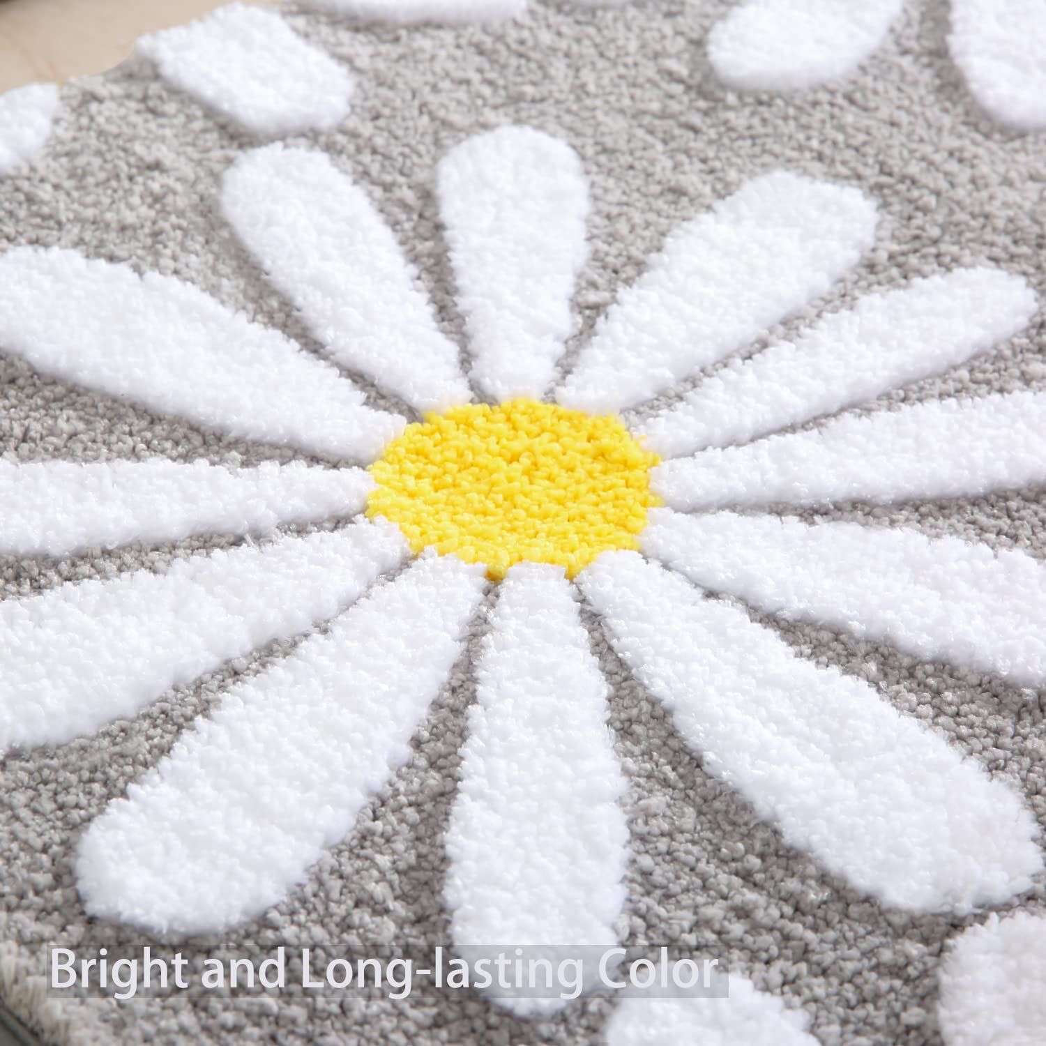 Grey bathroom carpet, cute daisy bath mat, white and yellow flower decoration view 4