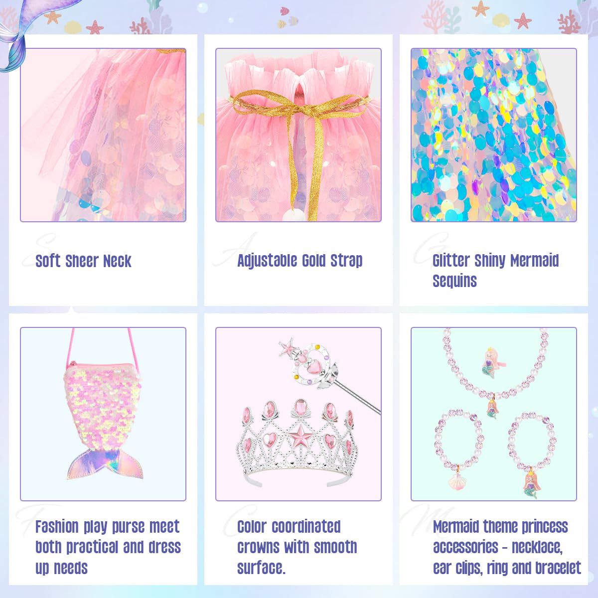 9PCSKids' Mermaid Princess Dress-Up Set for Pretend Play view 2