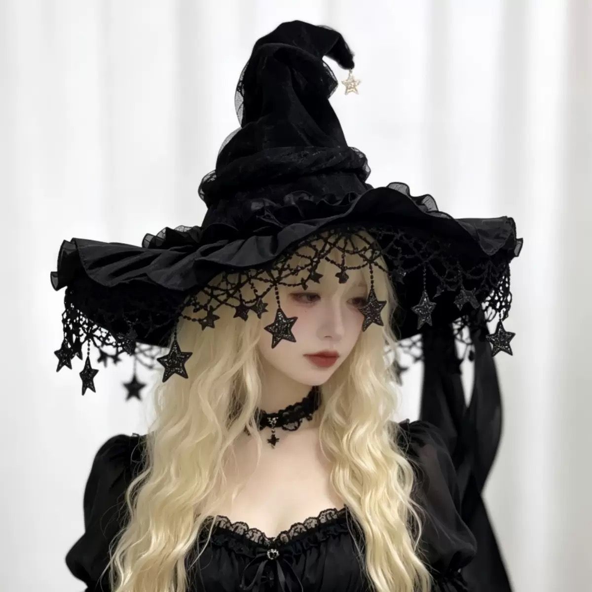 Black Witch Hat Star Ornaments Halloween Accessory Cosplay Hat Themed Party view 4