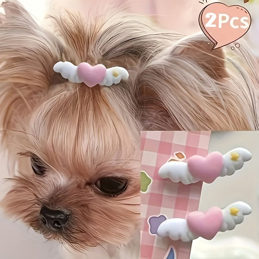 Pet Hairpins Heart Shaped Pet Hair Accessories Winged Pet Hair Clips Pet view 2