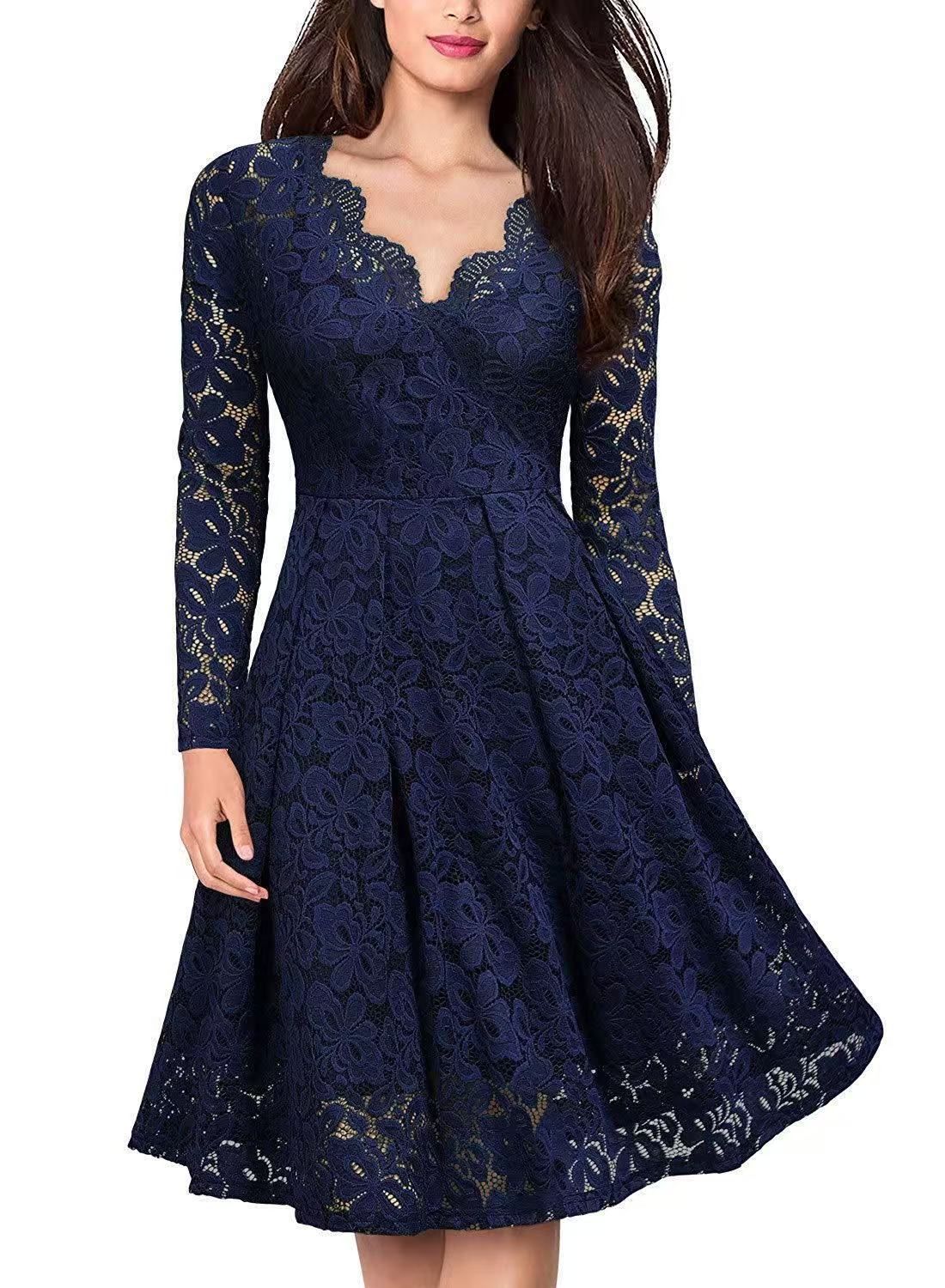Long Sleeve Lace Dress V-Neck Dress Flared Dress Women'S Formal Dress Elegant view 6