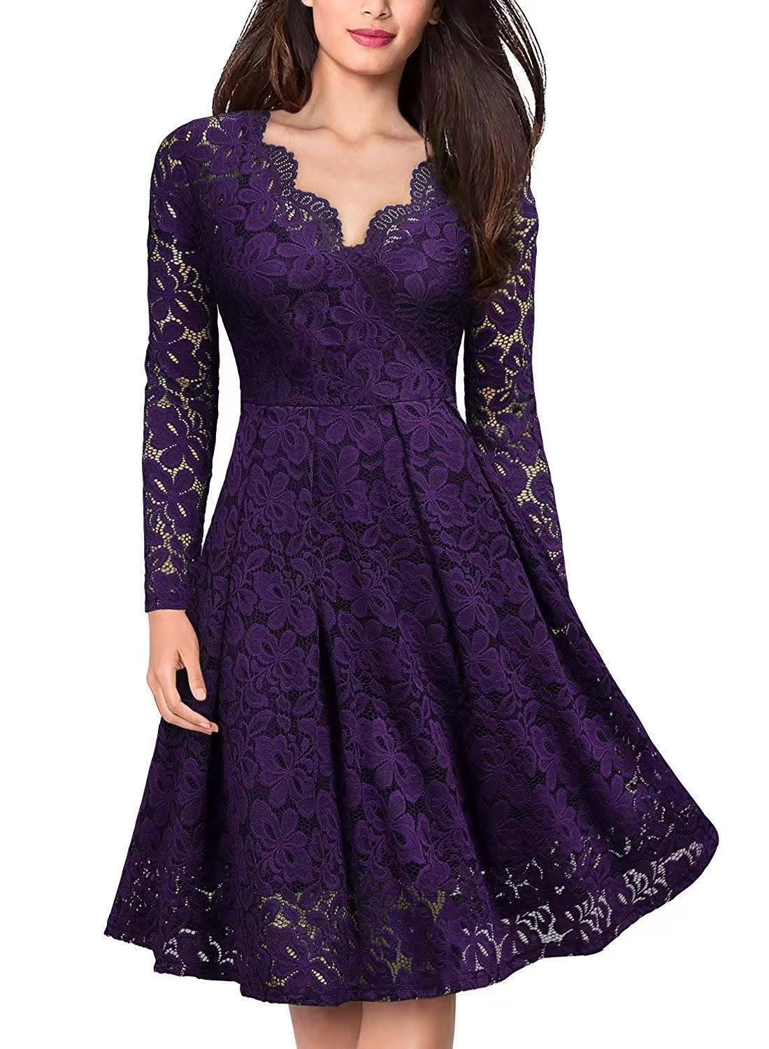 Long Sleeve Lace Dress V-Neck Dress Flared Dress Women'S Formal Dress Elegant
