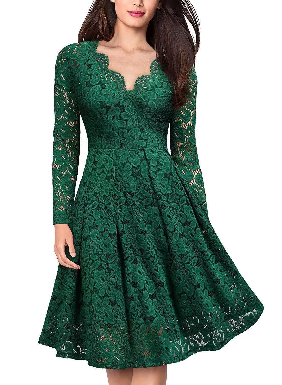 Long Sleeve Lace Dress V-Neck Dress Flared Dress Women'S Formal Dress Elegant