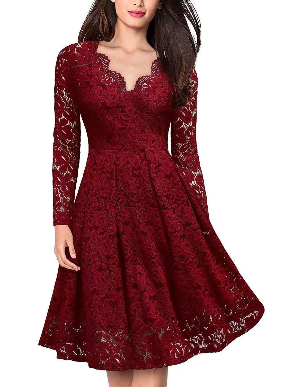 Long Sleeve Lace Dress V-Neck Dress Flared Dress Women'S Formal Dress Elegant view 3