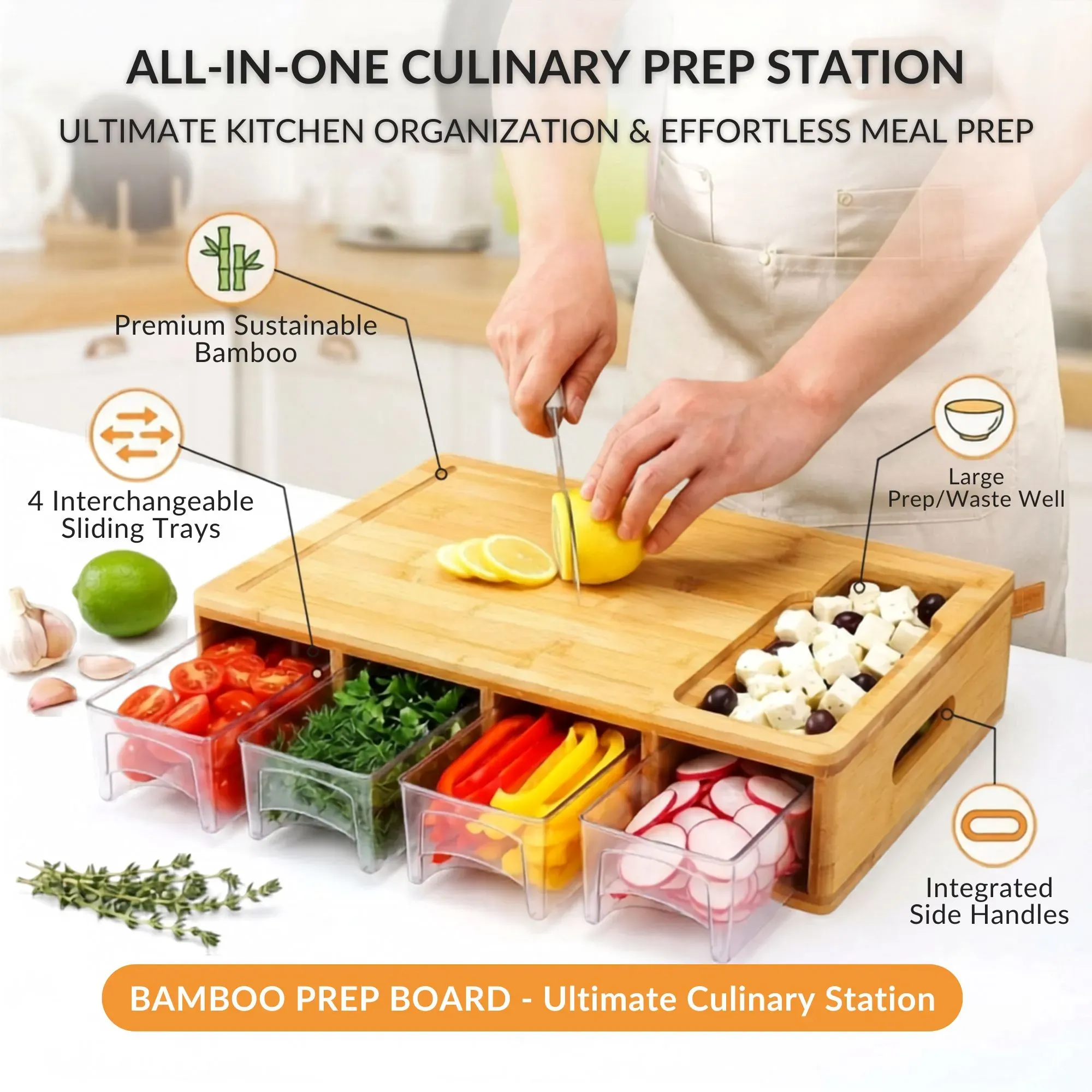 Large Bamboo Cutting Board and 4 Containers with Mobile Holder gift included view 4