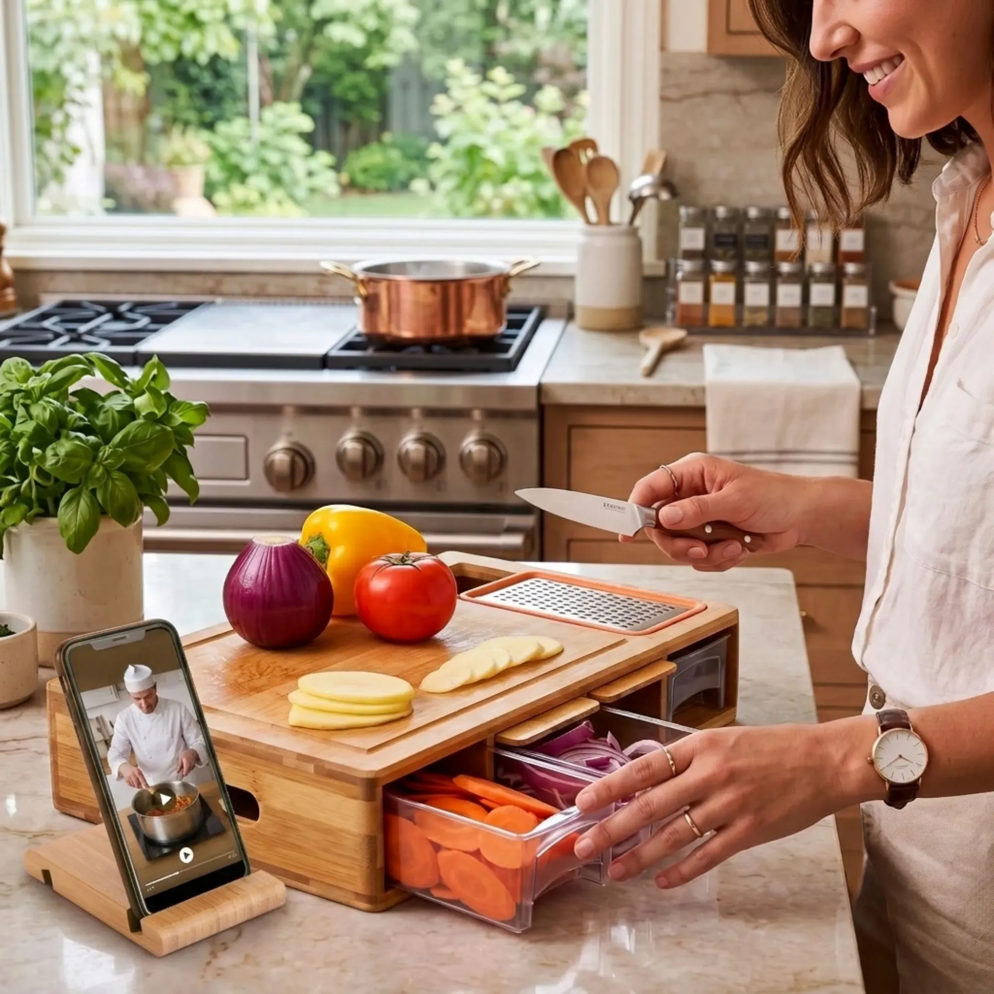 Large Bamboo Cutting Board and 4 Containers with Mobile Holder gift included view 9