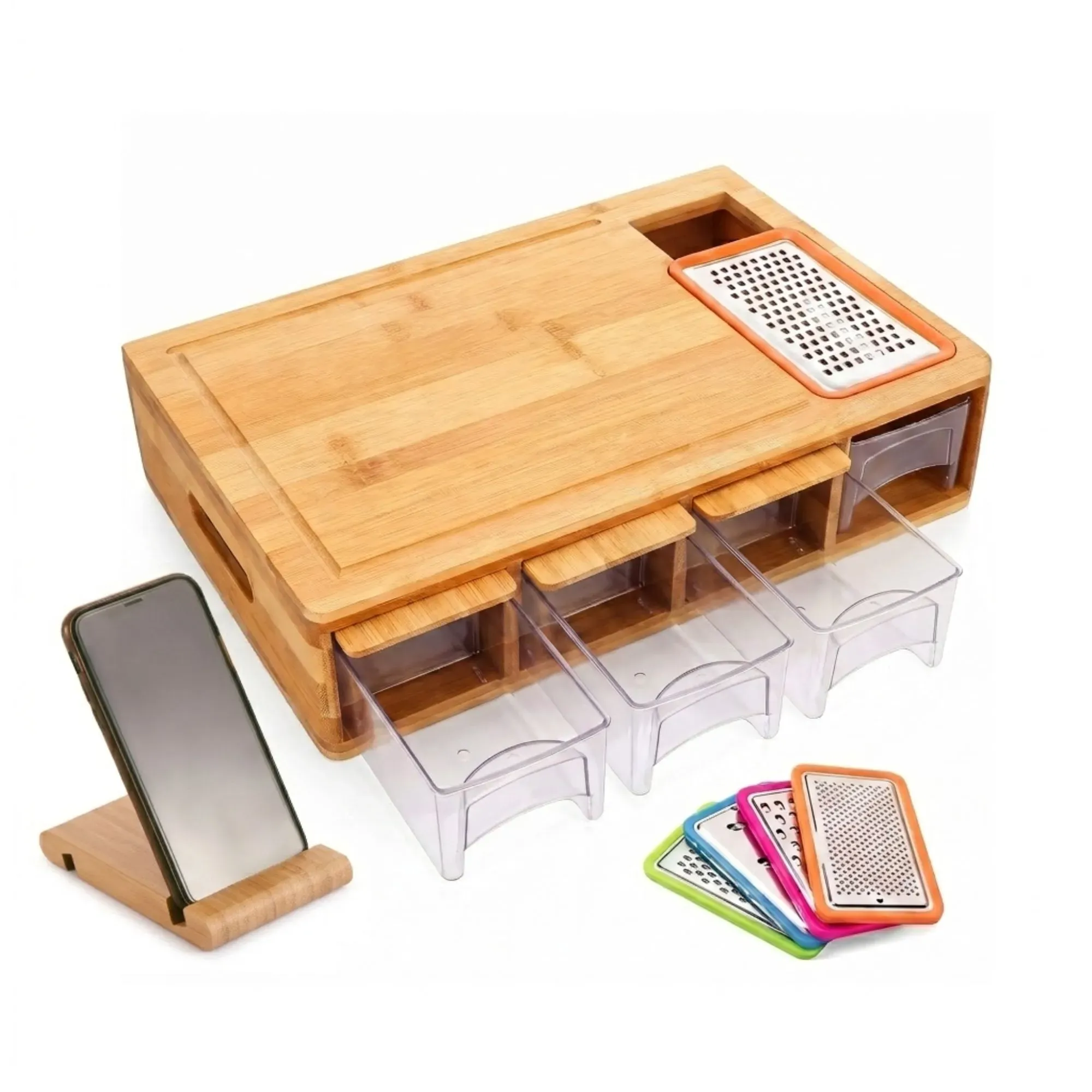 Large Bamboo Cutting Board and 4 Containers with Mobile Holder gift included view 10