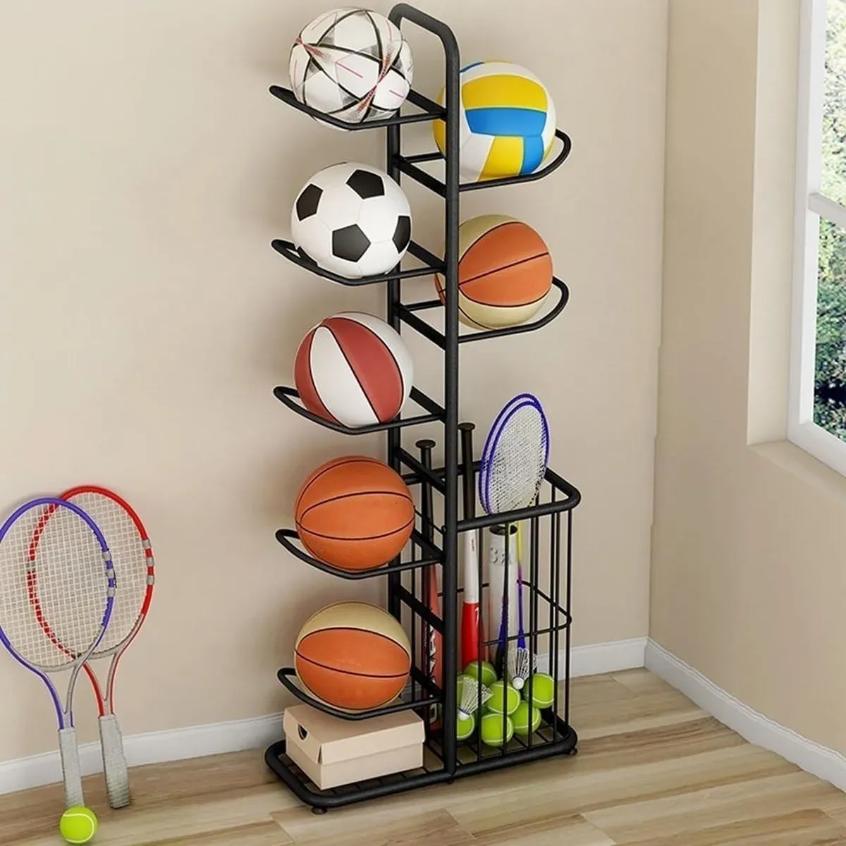 CARLA HOME 7 Tier Ball Storage Rack - Sports Organiser - Black - Basketball view 2
