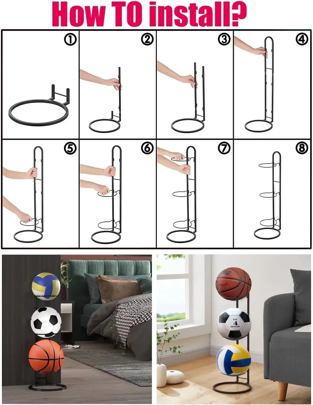 CARLA HOME 4 Tier Ball Storage Rack - Vertical Metal Stand - Black view 8