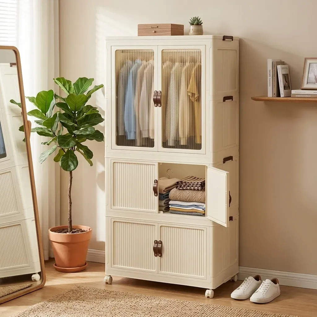 CARLA HOME 3 - Tier Foldable Wardrobe Cabinet - White - Plastic - Clothe Storage view 2