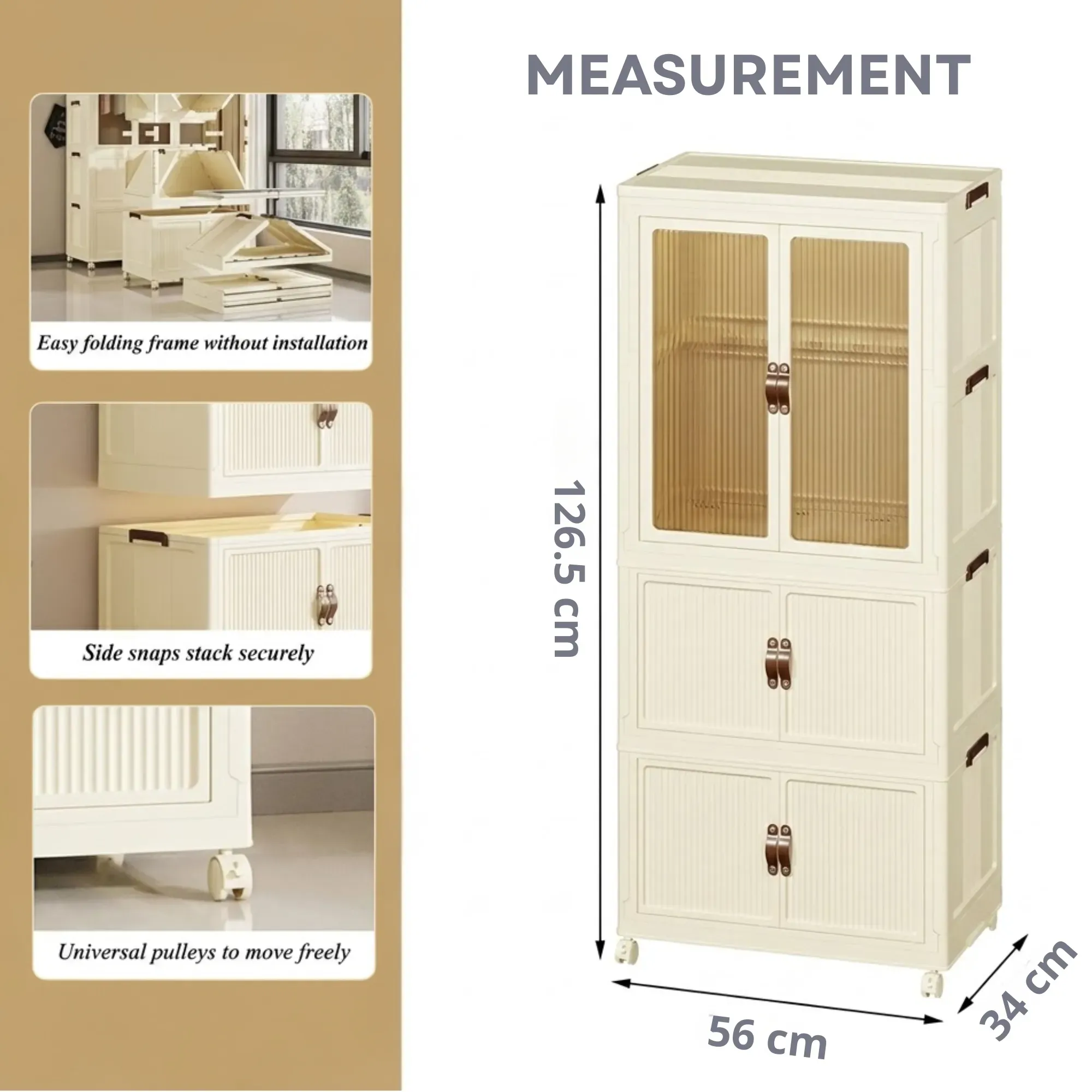 CARLA HOME 3 - Tier Foldable Wardrobe Cabinet - White - Plastic - Clothe Storage view 3