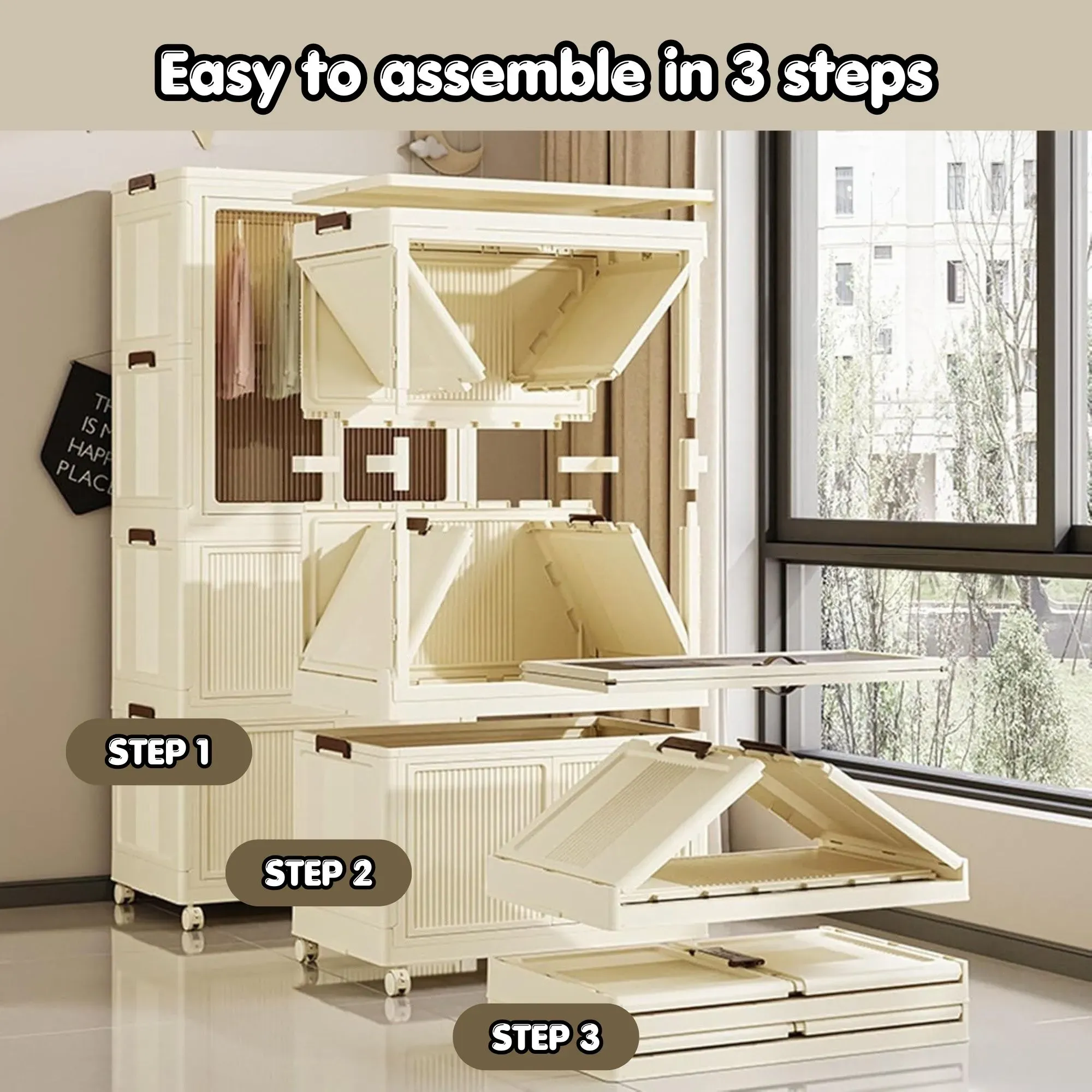 CARLA HOME 3 - Tier Foldable Wardrobe Cabinet - White - Plastic - Clothe Storage view 6