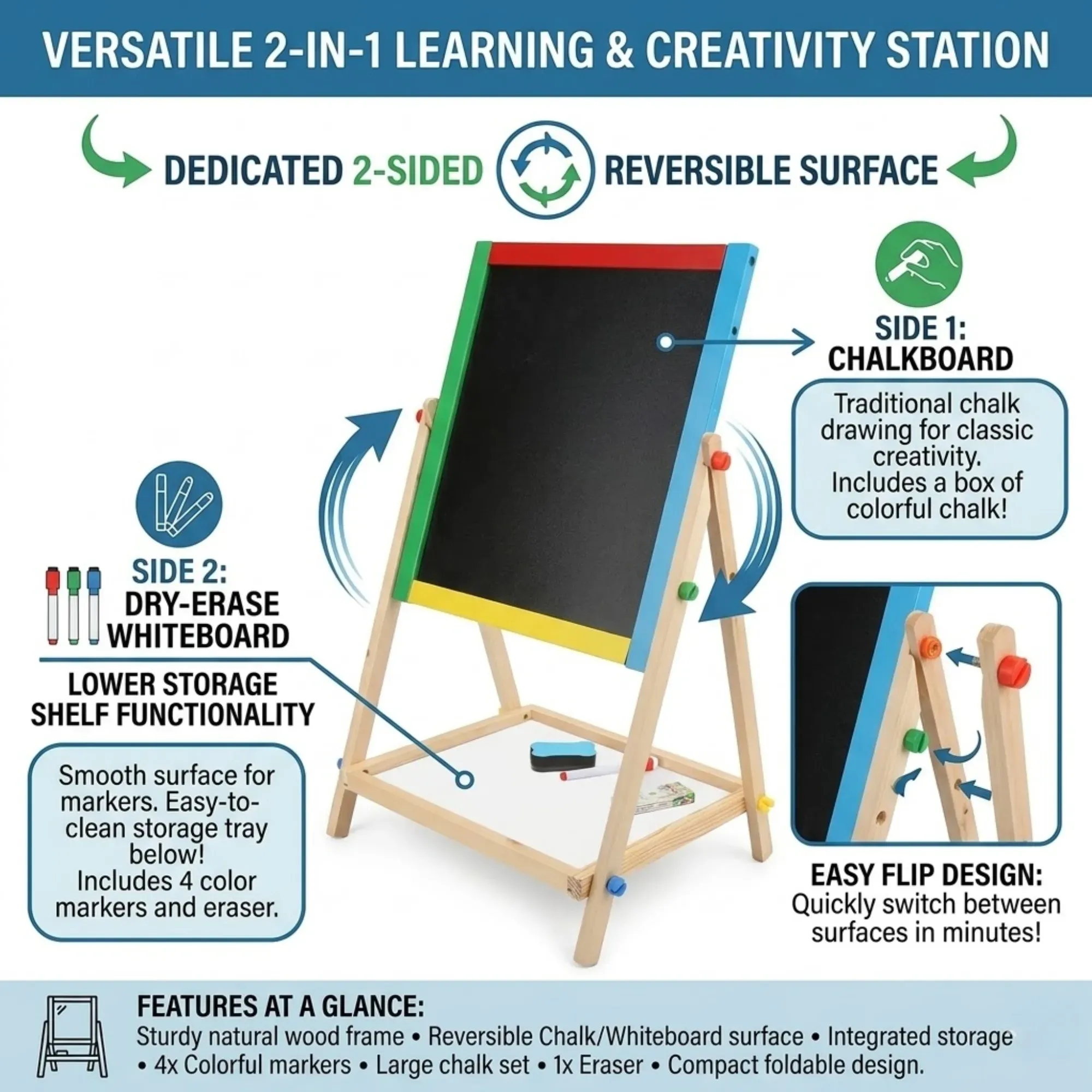 CARLA HOME 2-in-1 Kids Art Easel Chalkboard & Whiteboard view 3