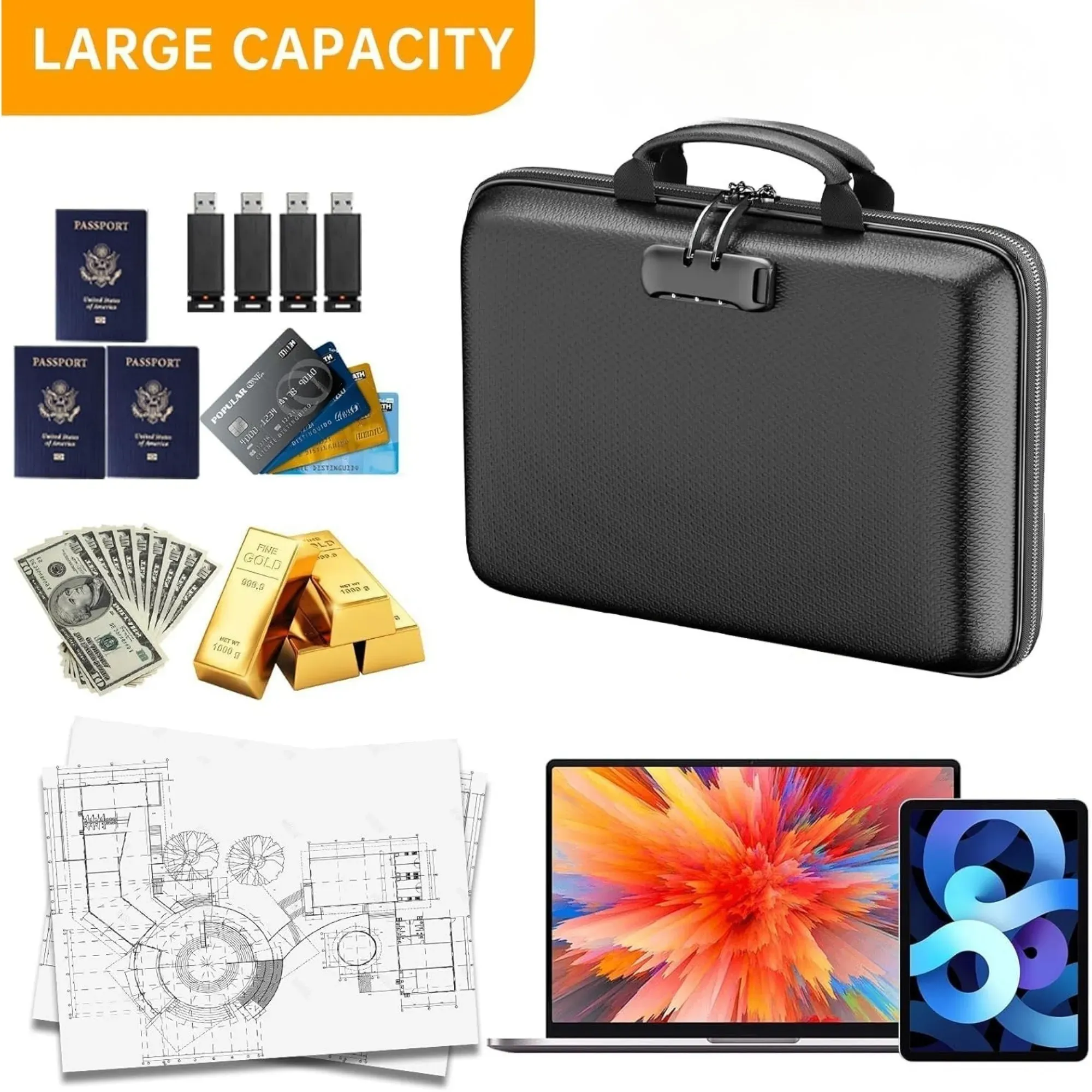 CARLA HOME Fireproof Document Box with Lock - Hard Shell - Glass Fiber view 4