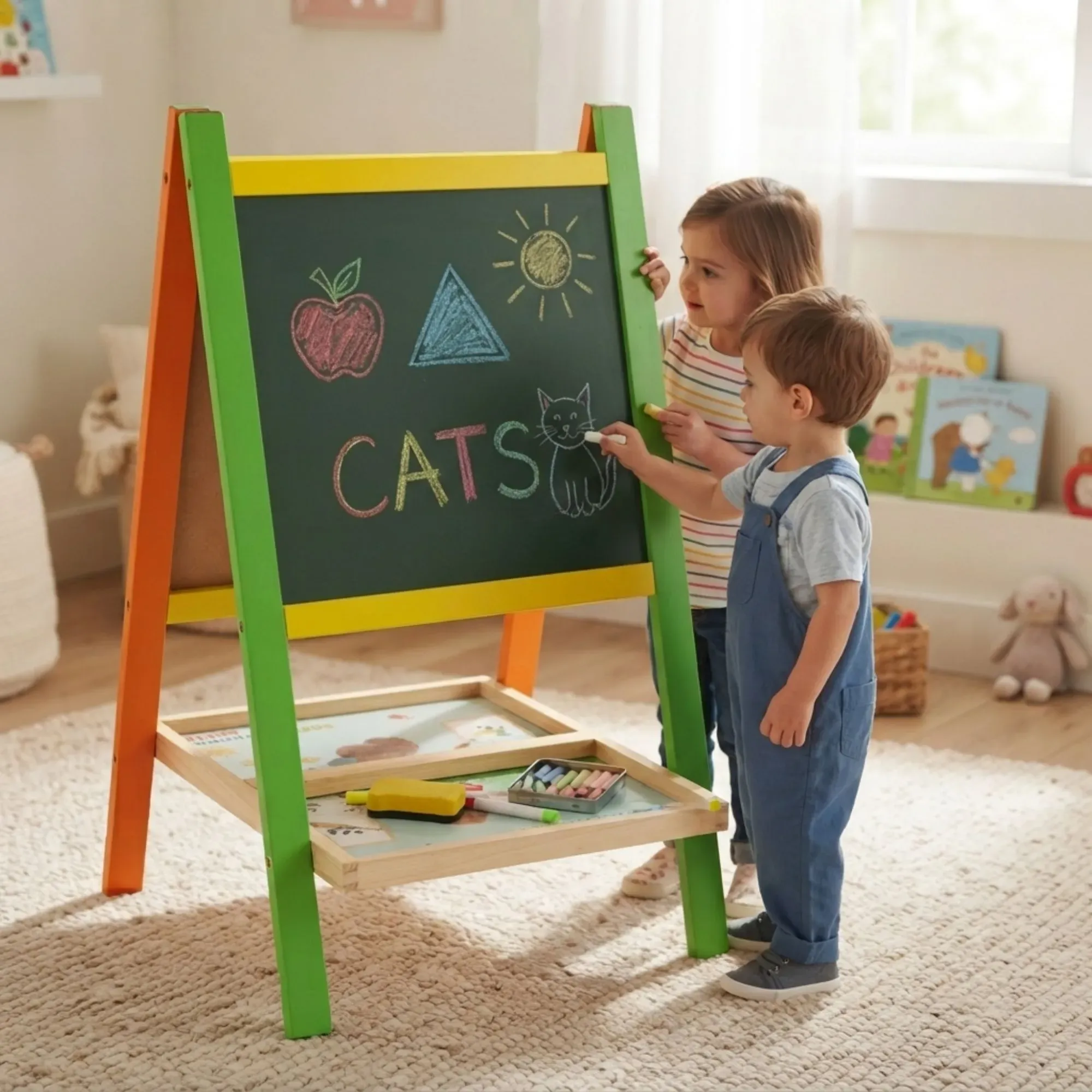CARLA HOME Kids Art Easel, Double-Sided Chalkboard Whiteboard, Multicolour view 2
