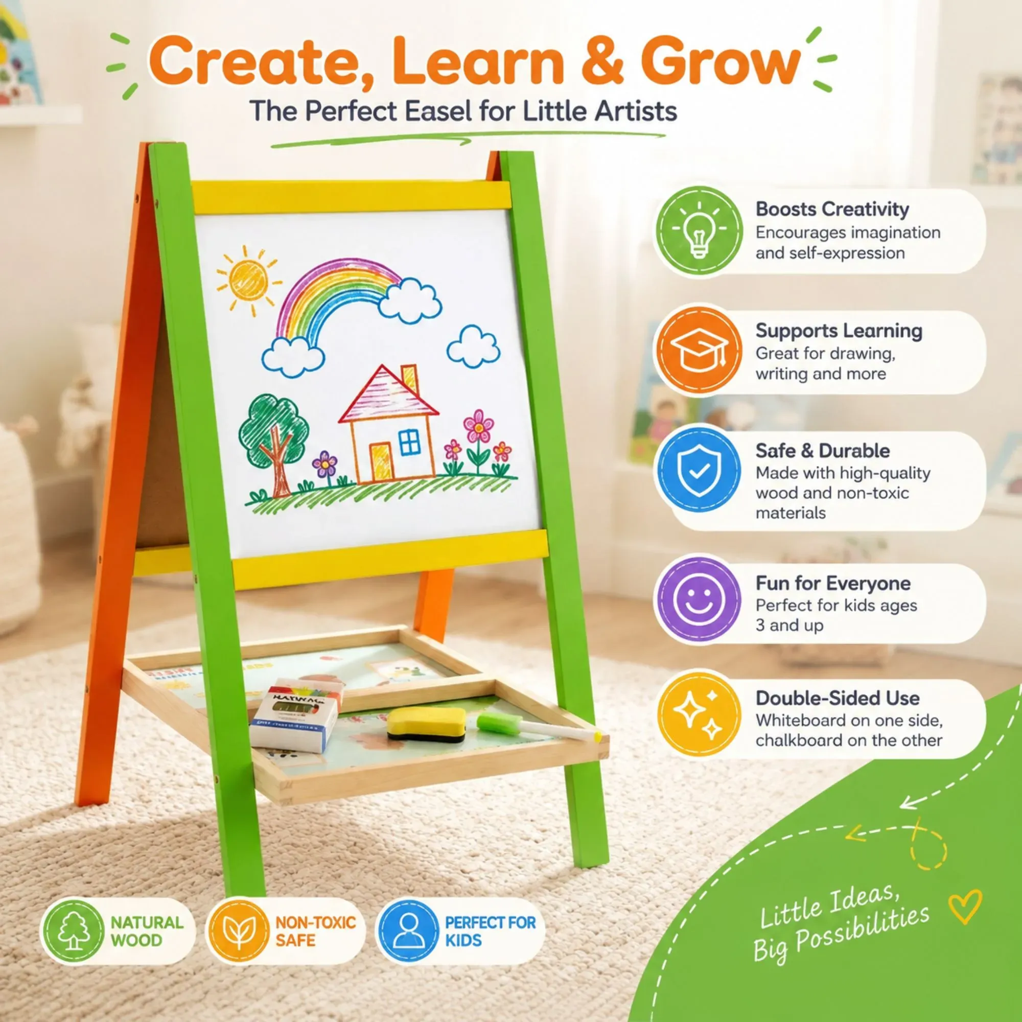 CARLA HOME Kids Art Easel, Double-Sided Chalkboard Whiteboard, Multicolour view 5