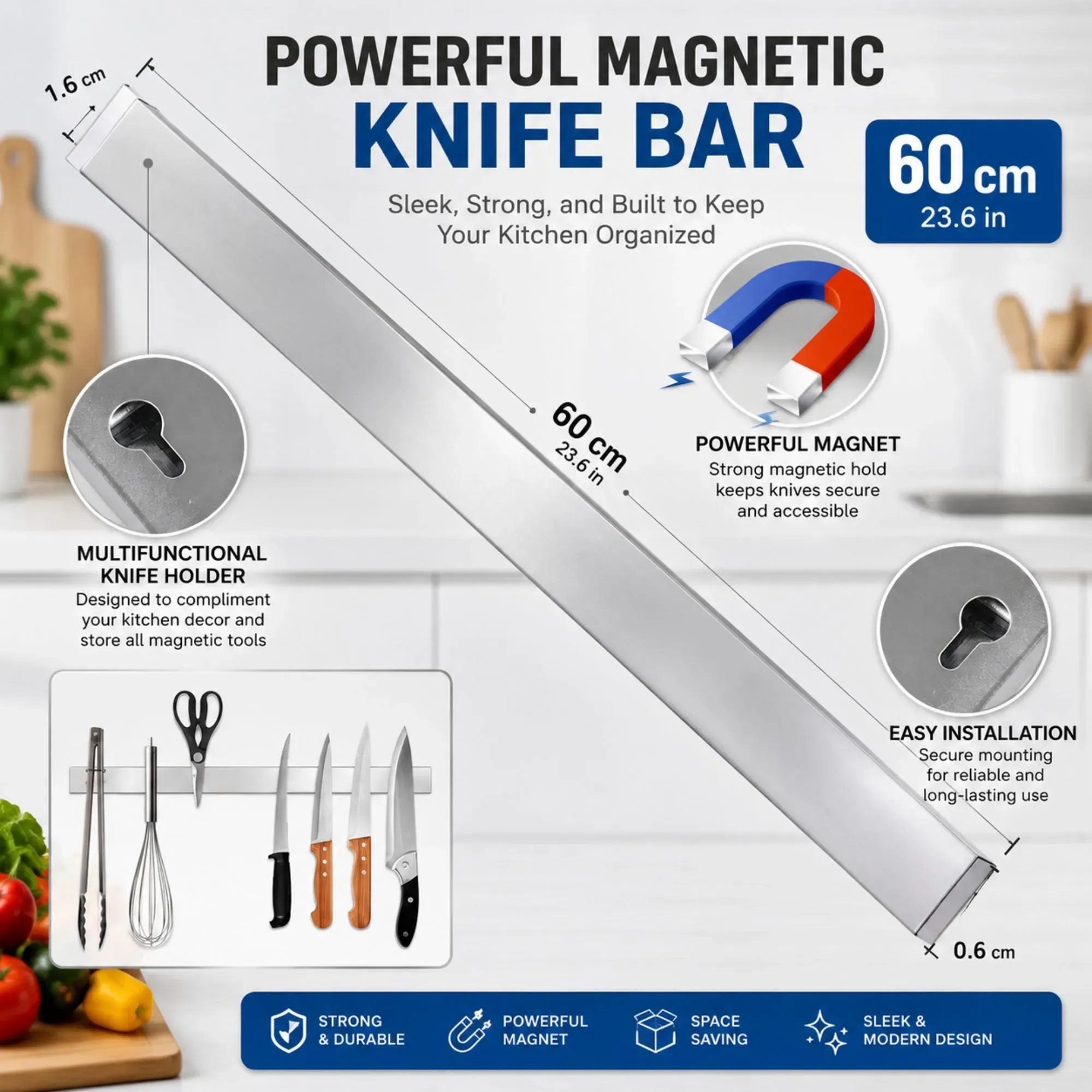 CARLA HOME Magnetic Knife Strip 60cm, Premium Stainless Steel Wall Rack Kitchen view 4
