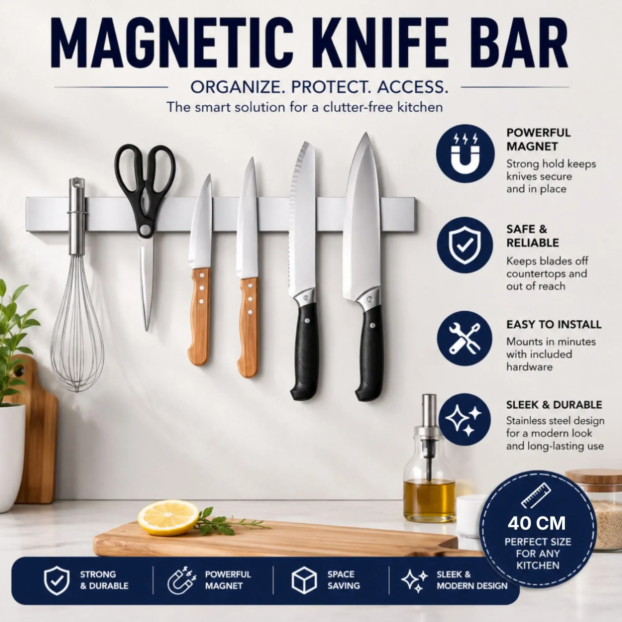 CARLA HOME Magnetic Knife Strip 40cm, Premium Stainless Steel Wall Rack Kitchen view 3