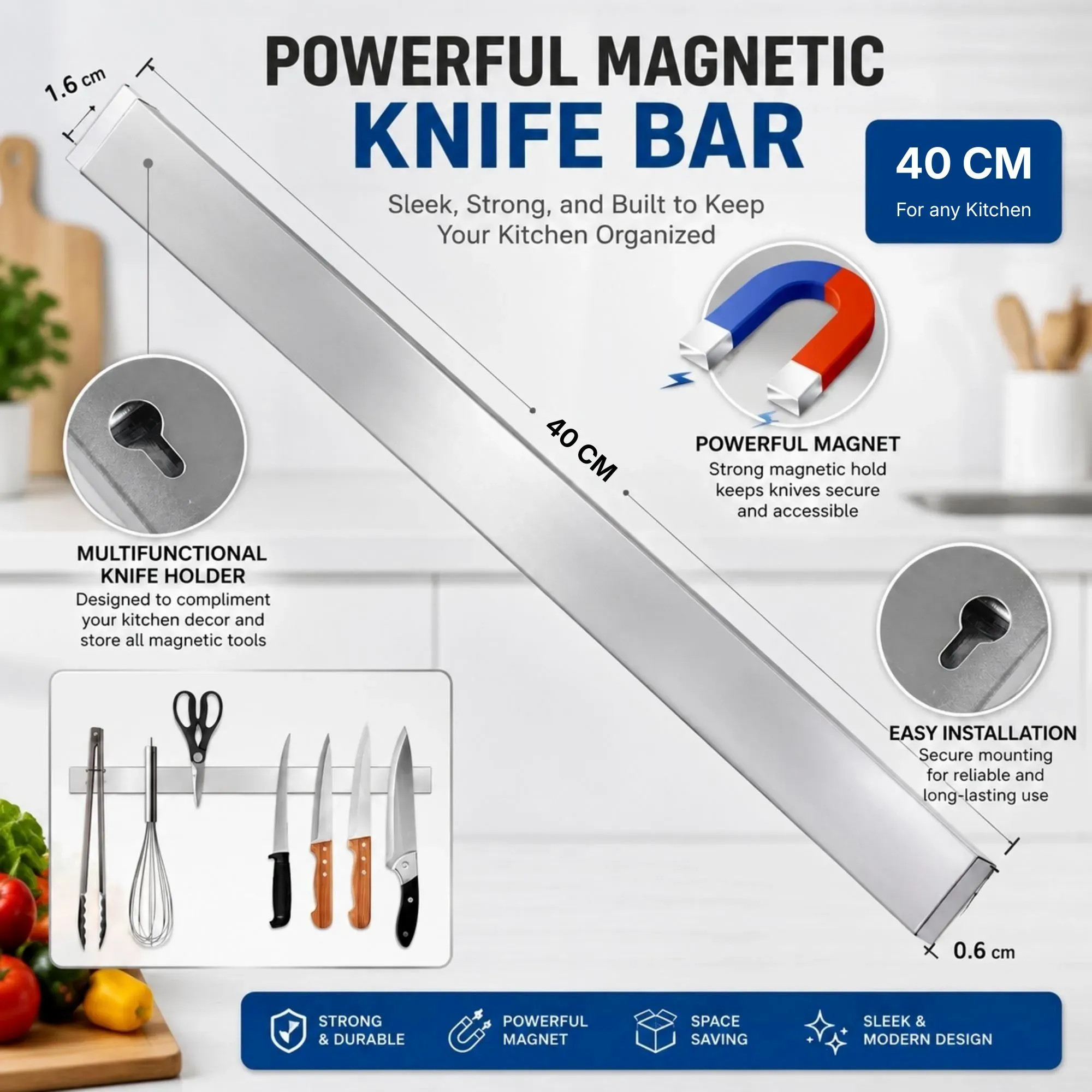CARLA HOME Magnetic Knife Strip 40cm, Premium Stainless Steel Wall Rack Kitchen view 4