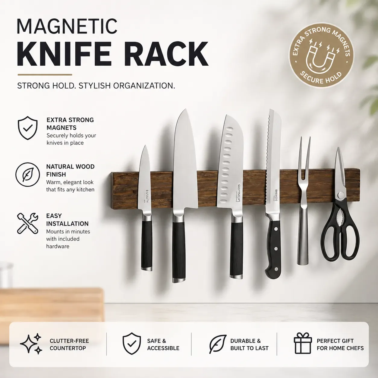 CARLA HOME Magnetic Knife Holder Wall Mounted, Wood Strip, Brown (40cm) view 2