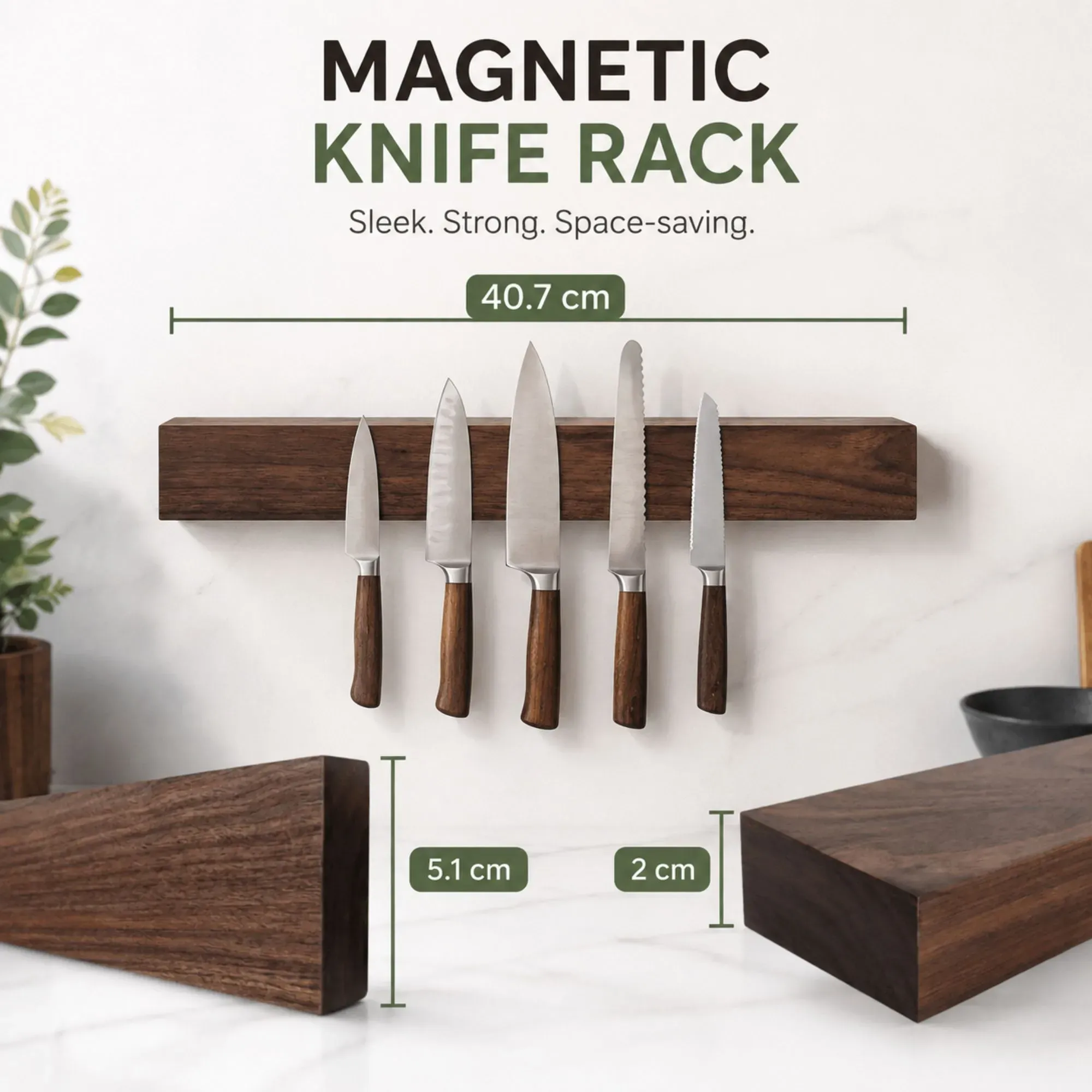 CARLA HOME Magnetic Knife Holder Wall Mounted, Wood Strip, Brown (40cm) view 5