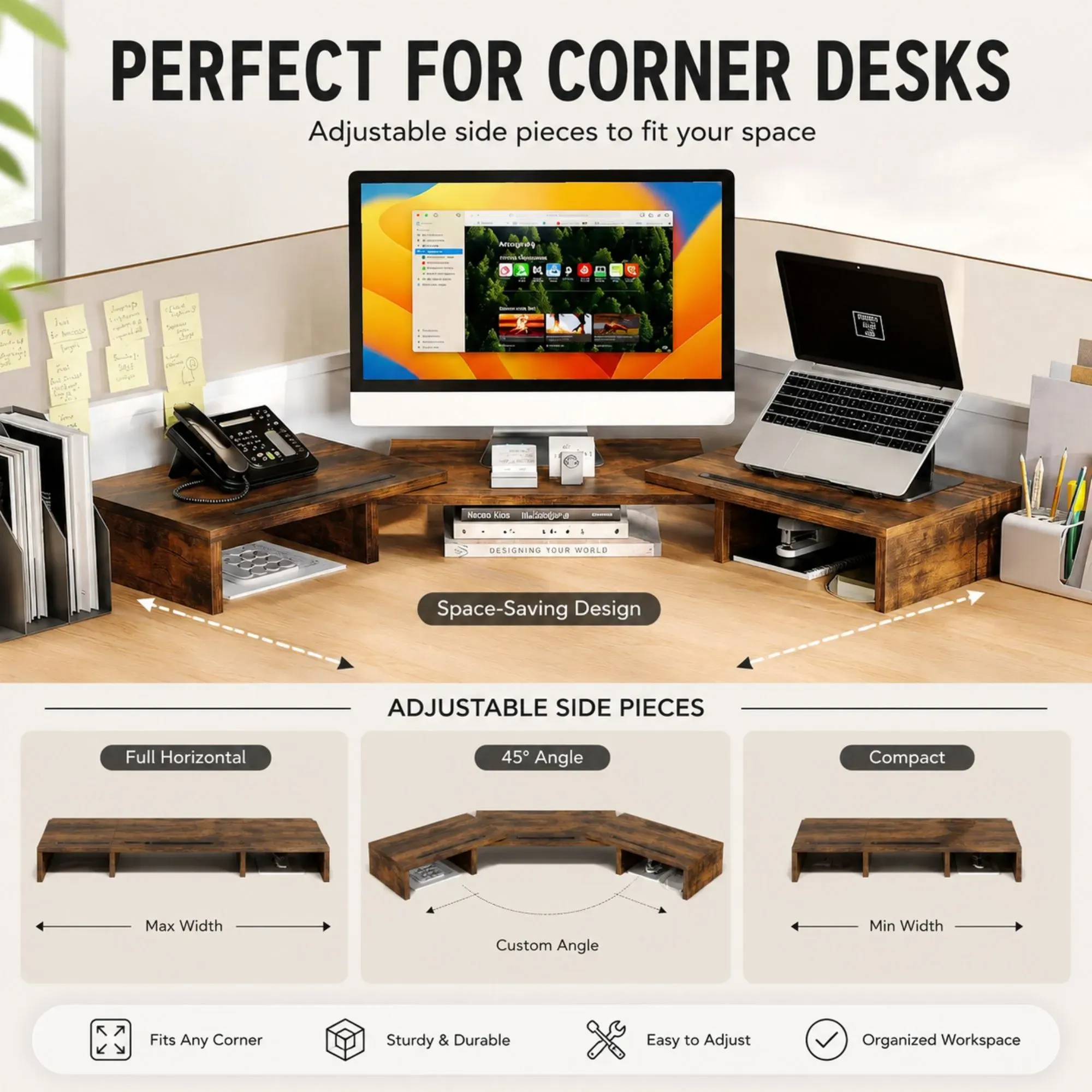 CARLA HOME Dual Monitor Stand Riser, Adjustable Length and Angle, Brown view 5