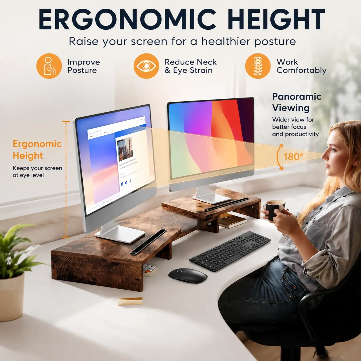 CARLA HOME Dual Monitor Stand Riser, Adjustable Length and Angle, Brown view 6