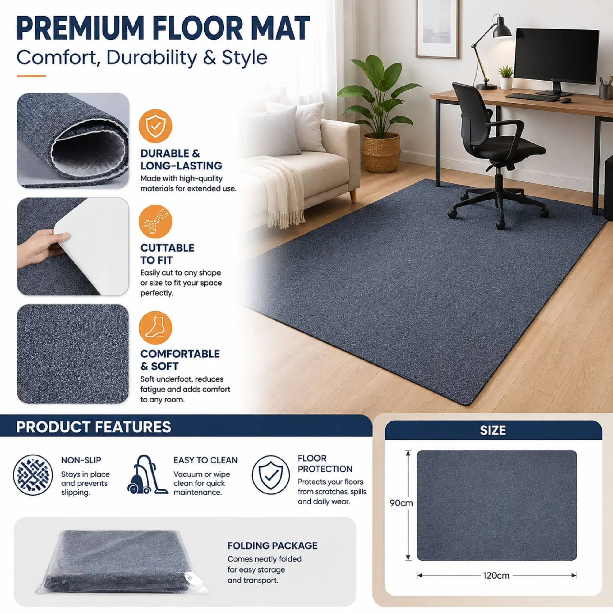 CARLA HOME Office Chair Mat Hard Floor Protector, 120x90 cm, Anti-Slip, Grey view 3