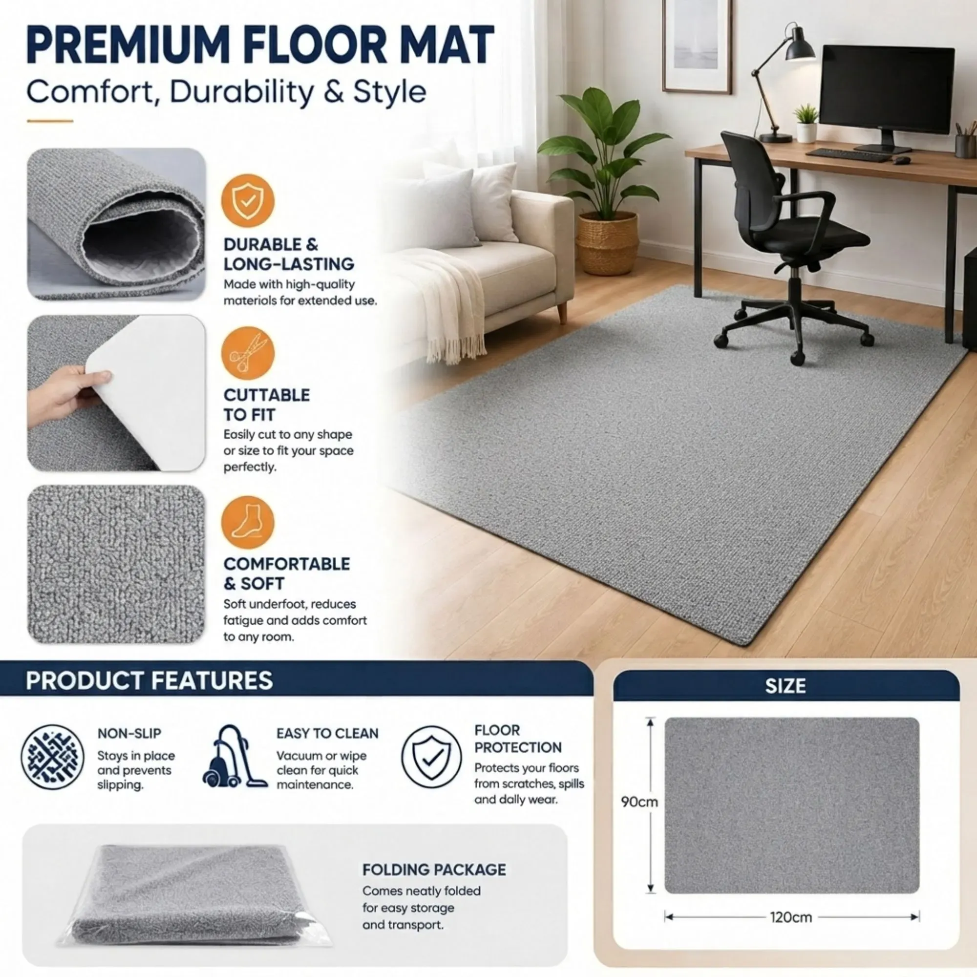 CARLA HOME Office Chair Mat Hard Floor Protector, 120x90 cm, Anti-Slip, White view 3