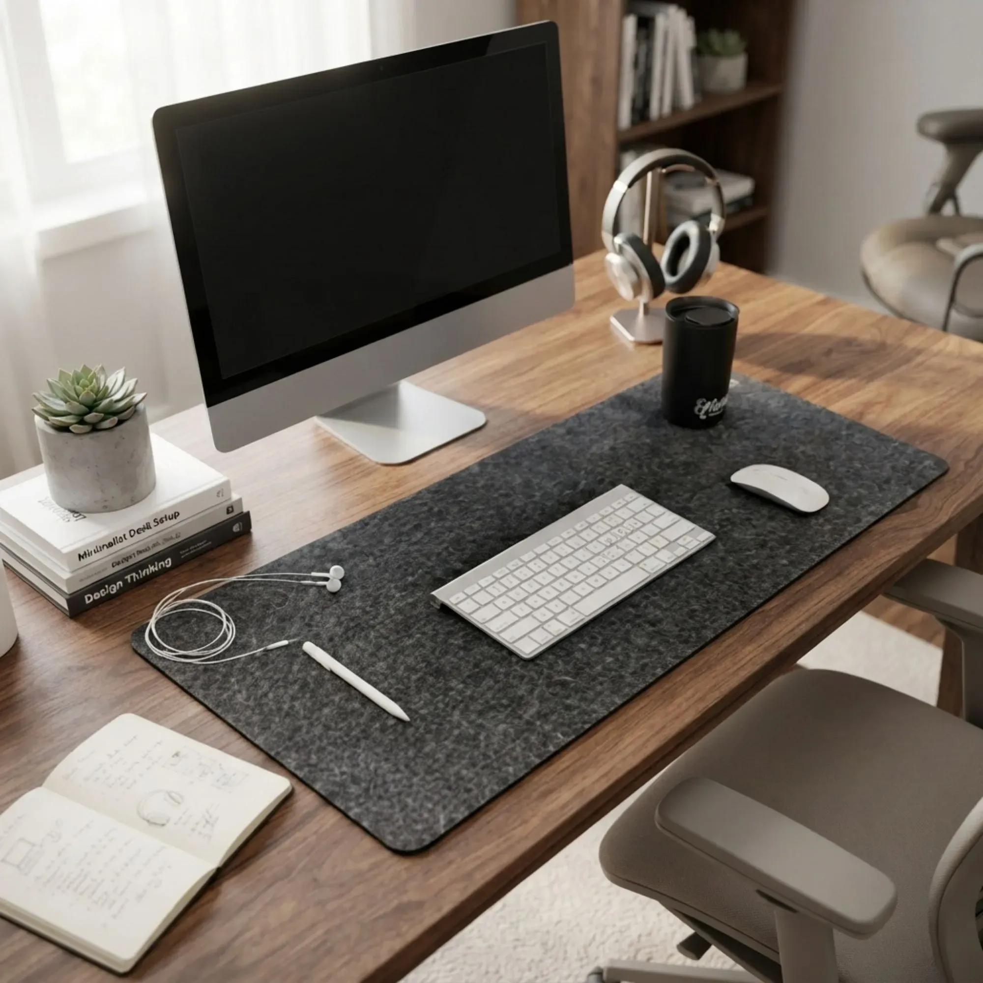 CARLA HOME Felt Desk Mat, Large Mouse Pad 80x40cm, Grey Cotton Linen Fabric view 2
