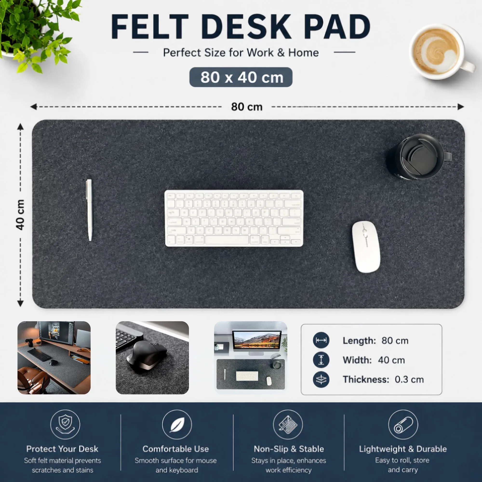 CARLA HOME Felt Desk Mat, Large Mouse Pad 80x40cm, Grey Cotton Linen Fabric view 3