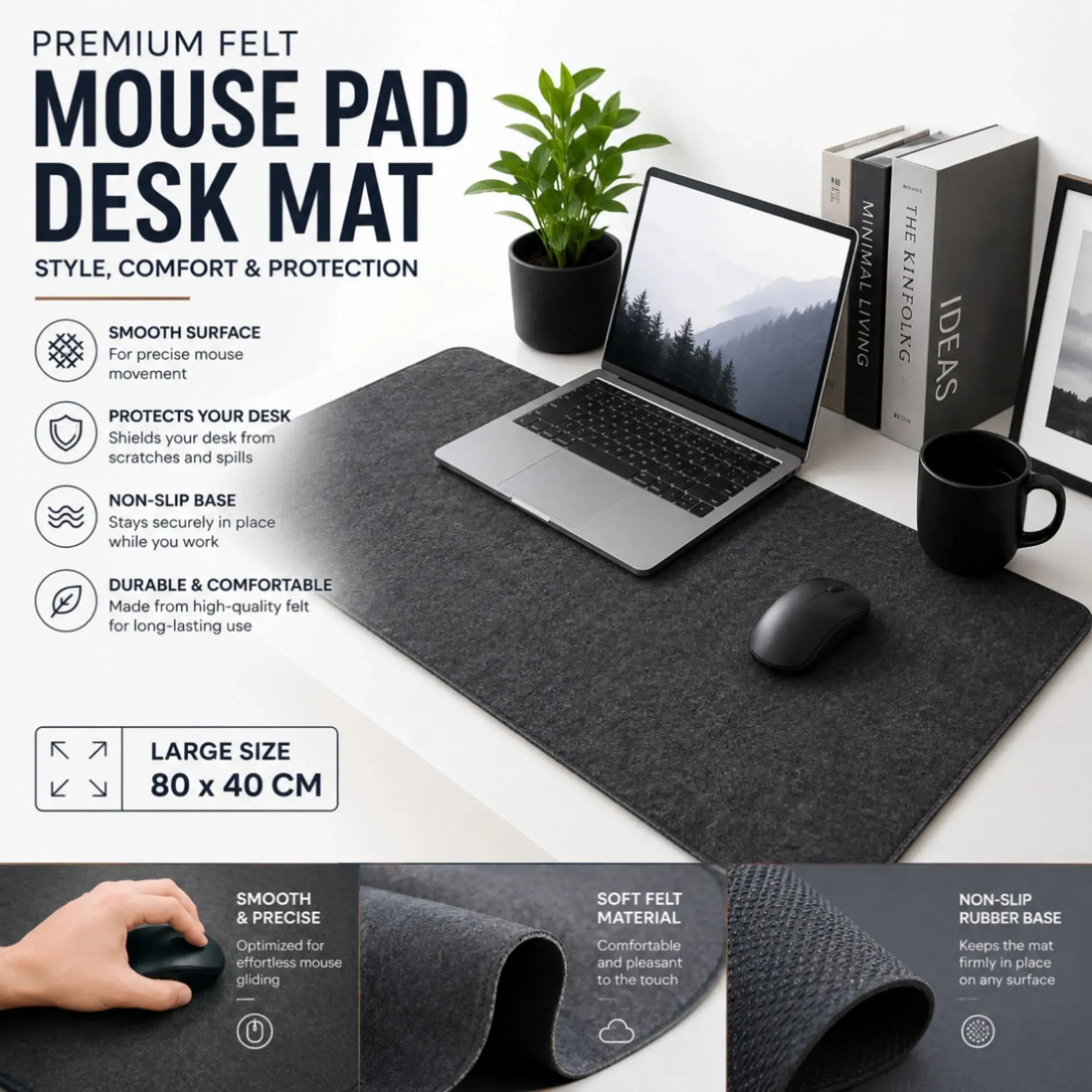 CARLA HOME Felt Desk Mat, Large Mouse Pad 80x40cm, Grey Cotton Linen Fabric view 7