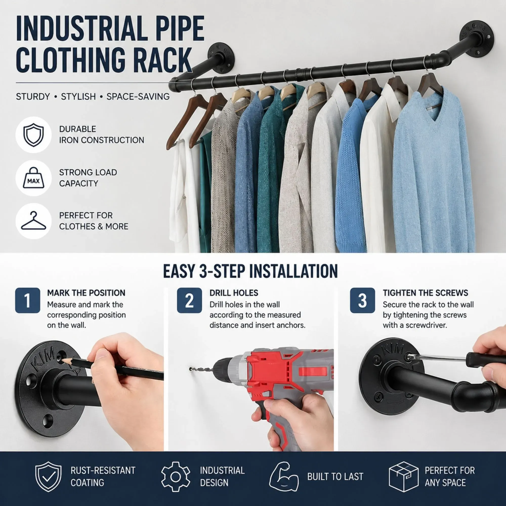 CARLA HOME Industrial Pipe Wall Clothes Rack, 92cm Bar Garment Rack view 7