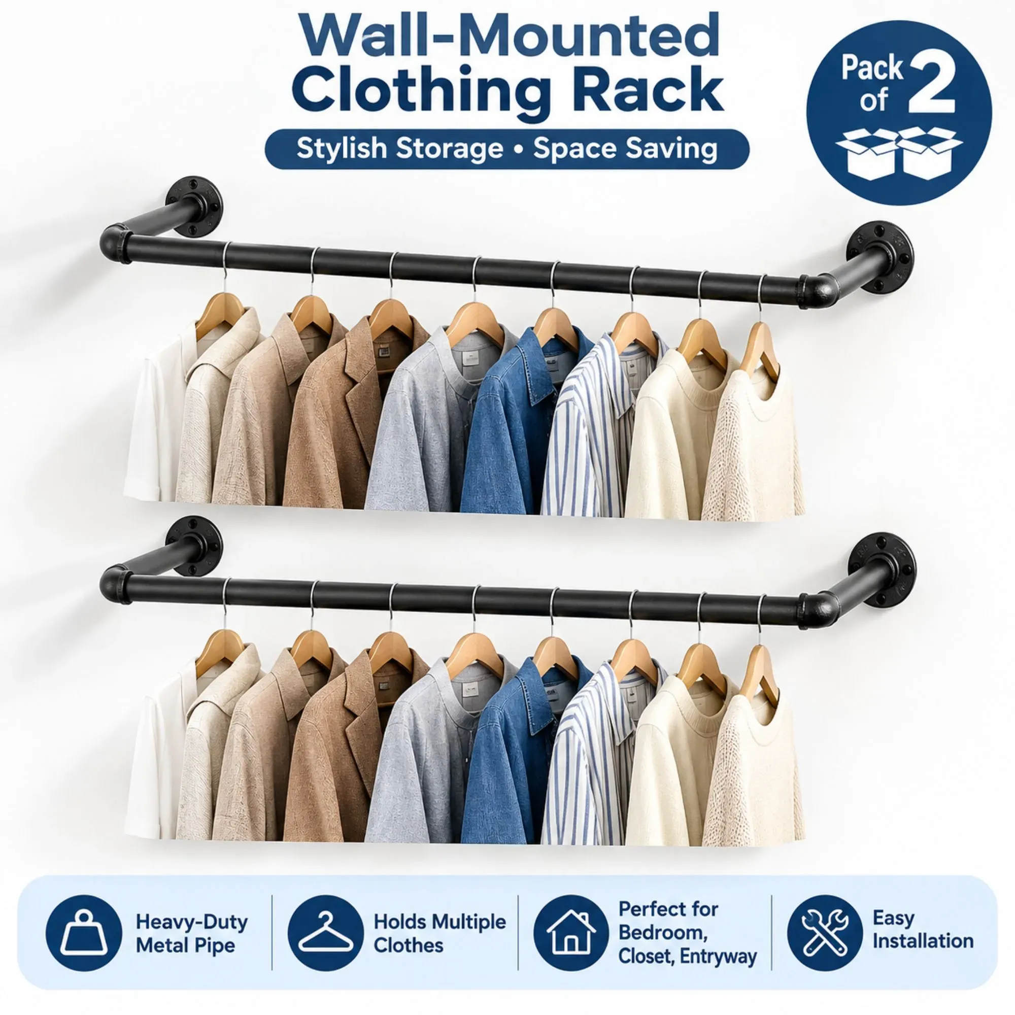 CARLA HOME 2-Pack Wall Mounted Industrial Pipe Clothes Rack - Black - Storage Rack view 3