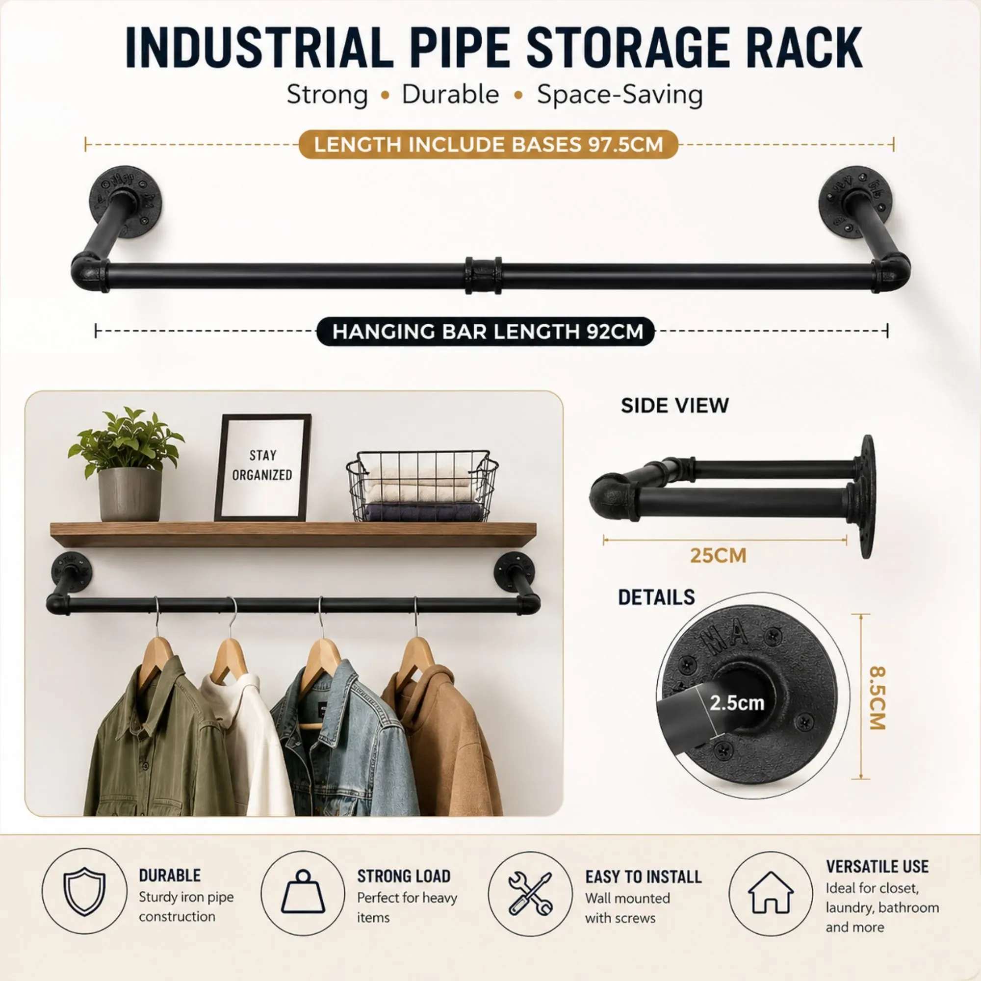 CARLA HOME 2-Pack Wall Mounted Industrial Pipe Clothes Rack - Black - Storage Rack view 4